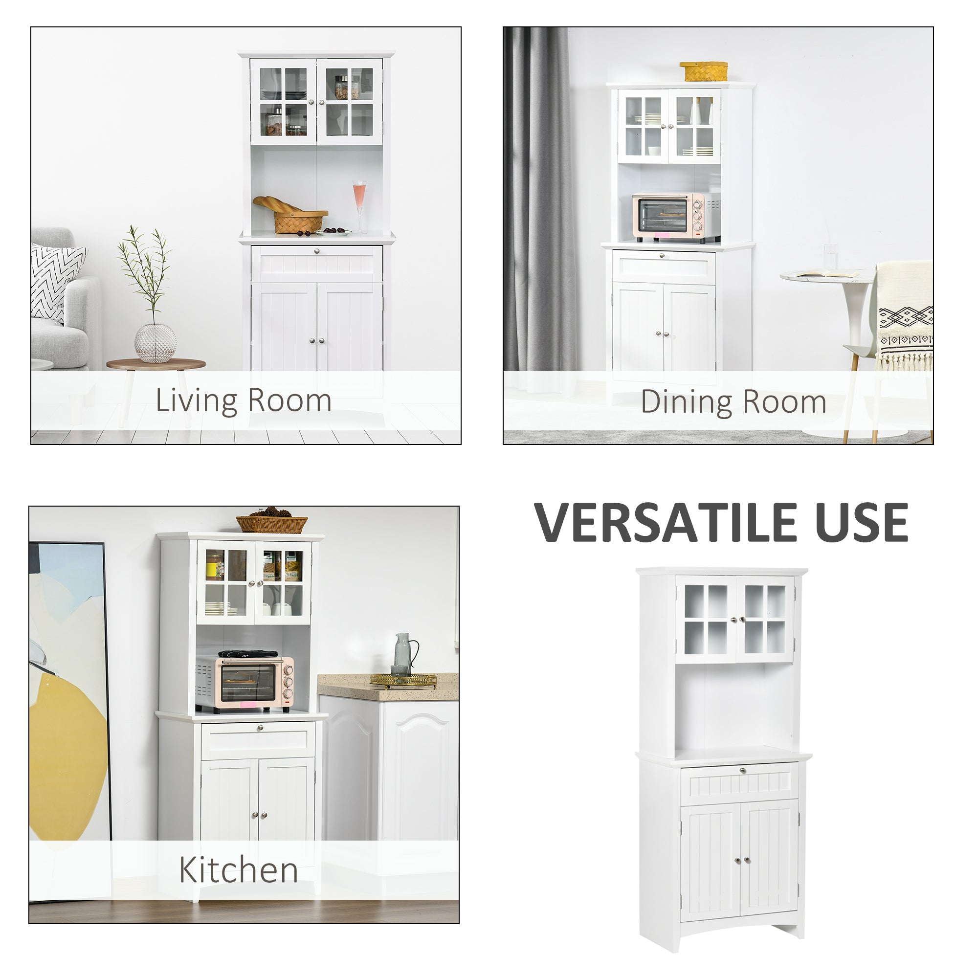 HOMCOM Kitchen Cupboard, Wooden Storage Cabinet with Framed Glass Door, Drawer, Microwave Space for Dining and Living Room, White - North Peak Garden Furniture