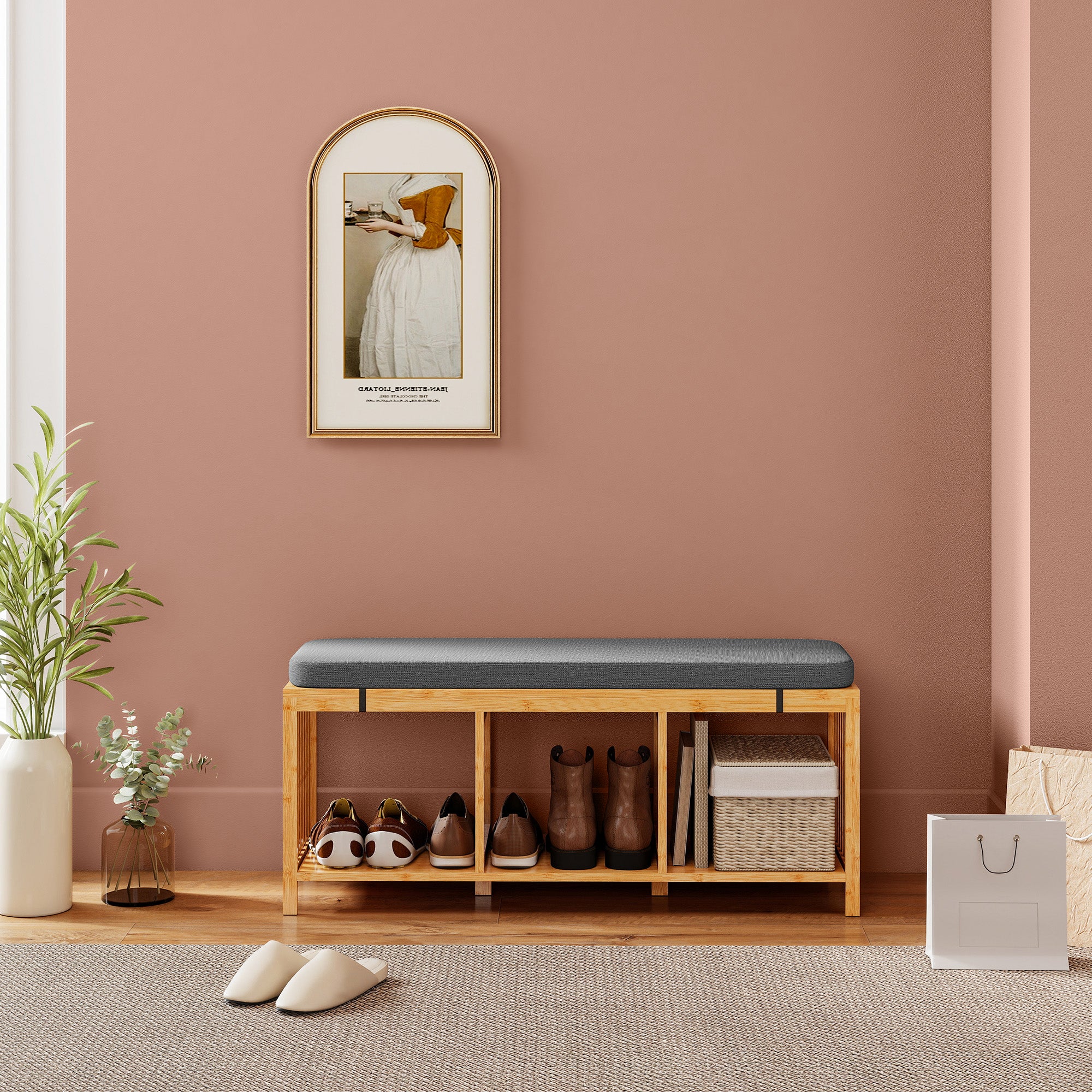 HOMCOM Bamboo Shoe Bench, Entryway Storage Bench with Padded Cushion and Open Shelf, Natural Wood Finish