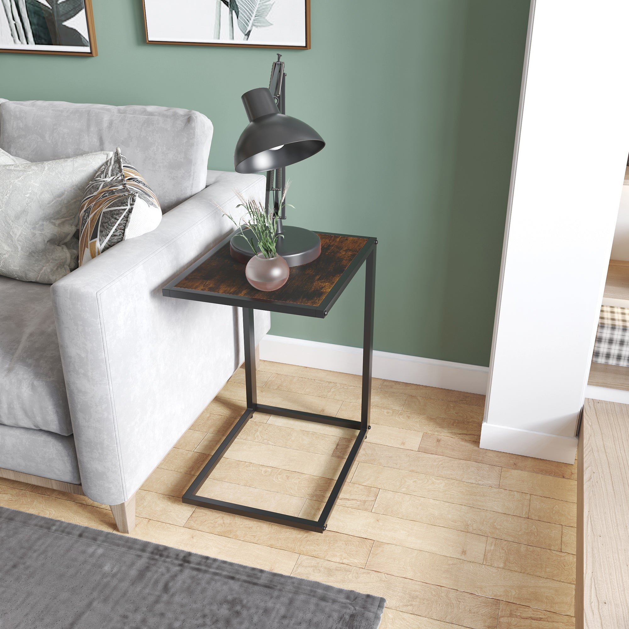 HOMCOM C-Shaped Side Table, Sofa End Table with Metal Frame, Accent Couch Table for Living room, Bedroom, Brown and Black - North Peak Garden Furniture