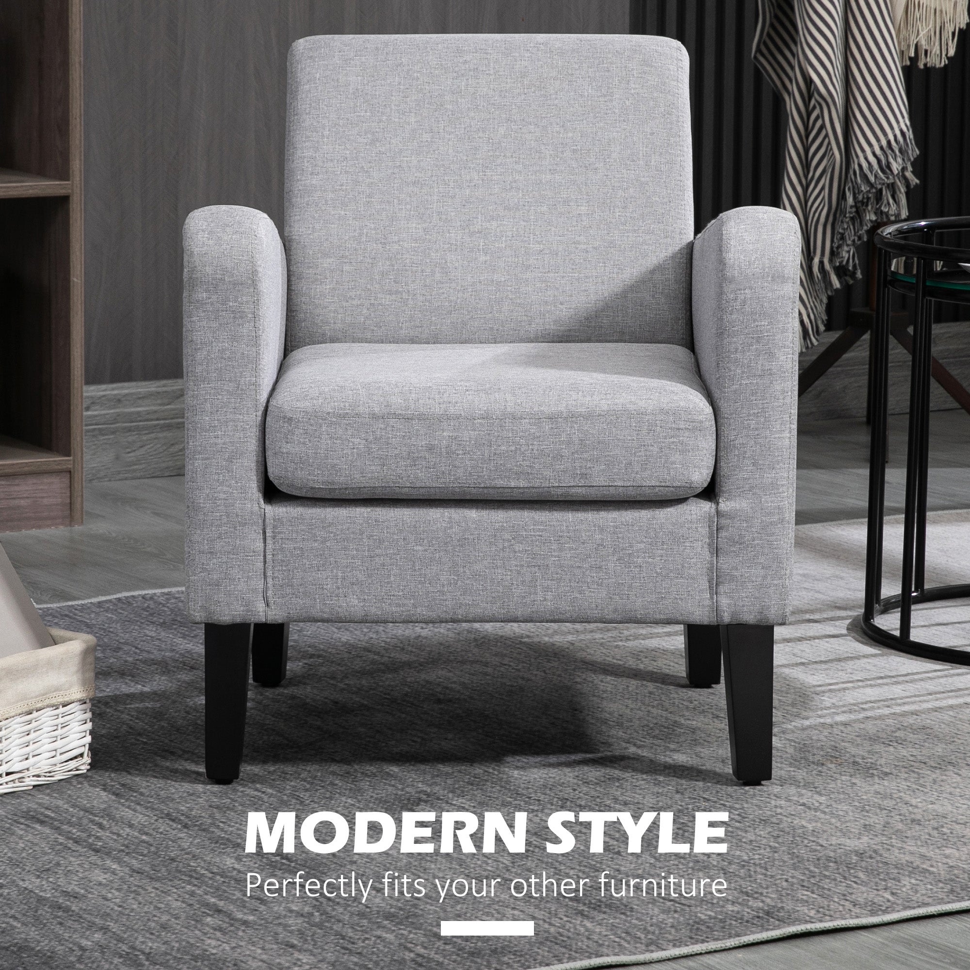 HOMCOM Linen-Look Boxy Armchair - Light Grey - North Peak Garden Furniture