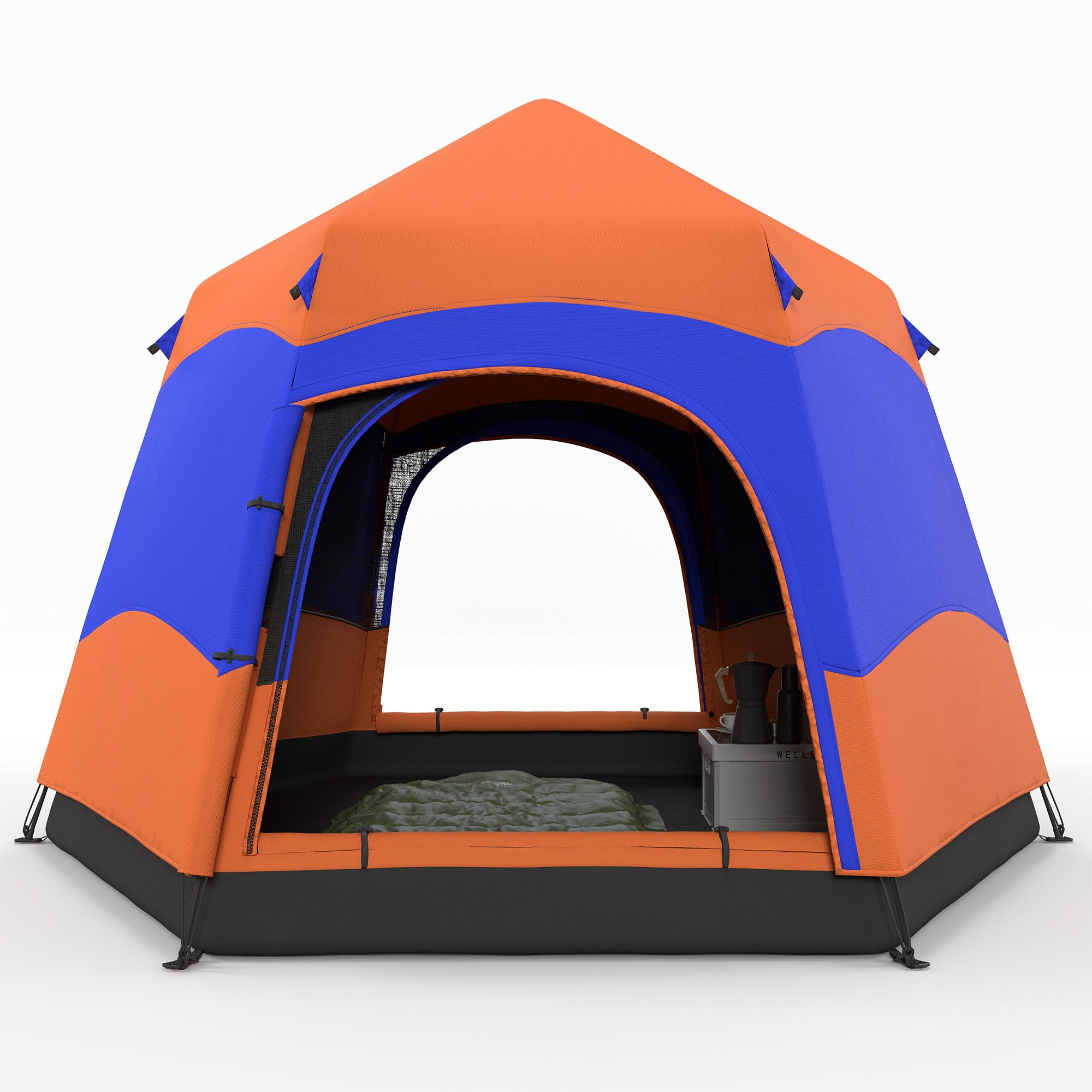 Outsunny Double Layer Dome Tent with Rainfly and Welded Floor, 4 Man Hexagon Pop Up Tent, Portable Camping Shelter with Hang Hook and Carry Bag, for Festival Hiking Family, Orange and Blue