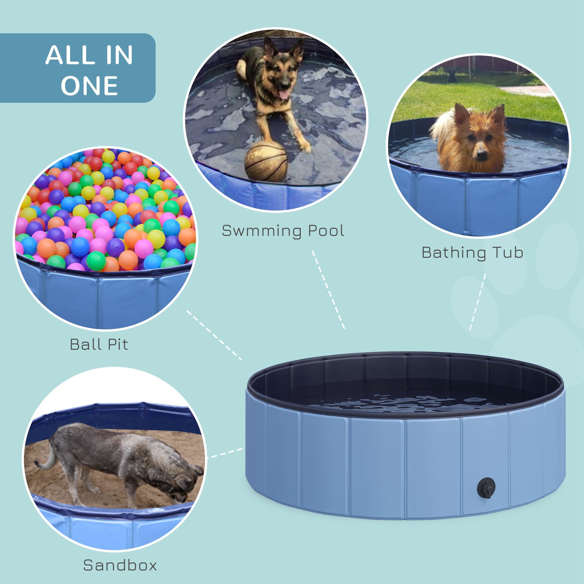 PawHut Foldable Dog Paddling Pool Pet Cat Swimming Pool Indoor/Outdoor Collapsible Summer Bathing Tub Shower Tub Puppy Washer (Φ100 x 30H cm, Blue) - North Peak Garden Furniture