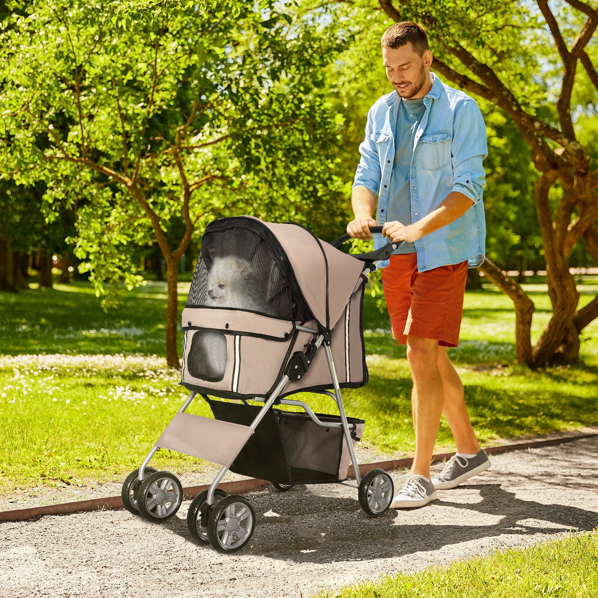 PawHut Pet Stroller for Small Miniature Dogs Cats Foldable Travel Carriage with Wheels Zipper Entry Cup Holder Storage Basket Brown - North Peak Garden Furniture