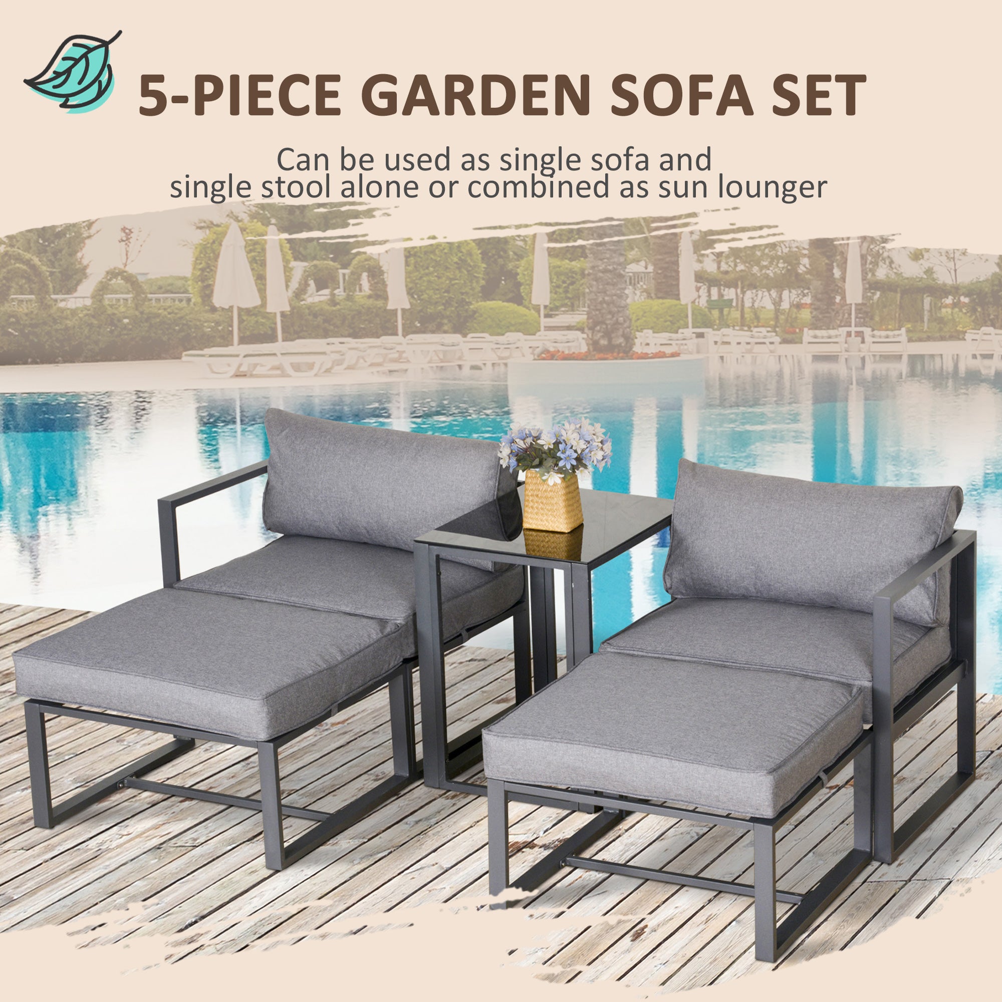 Outsunny 5 Piece Garden Aluminium Conversation Sofa Set Patio Furniture Set Outdoor 2 Sofas 2 Footstools End Table with Cushions - North Peak Garden Furniture