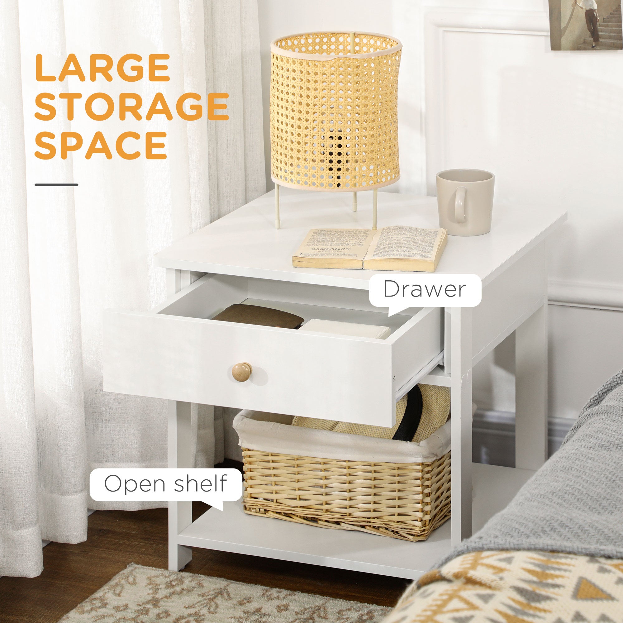 HOMCOM Bedside Table with Drawer and Bottom Shelf, Square Side End Table for Bedroom, Living Room, White - North Peak Garden Furniture