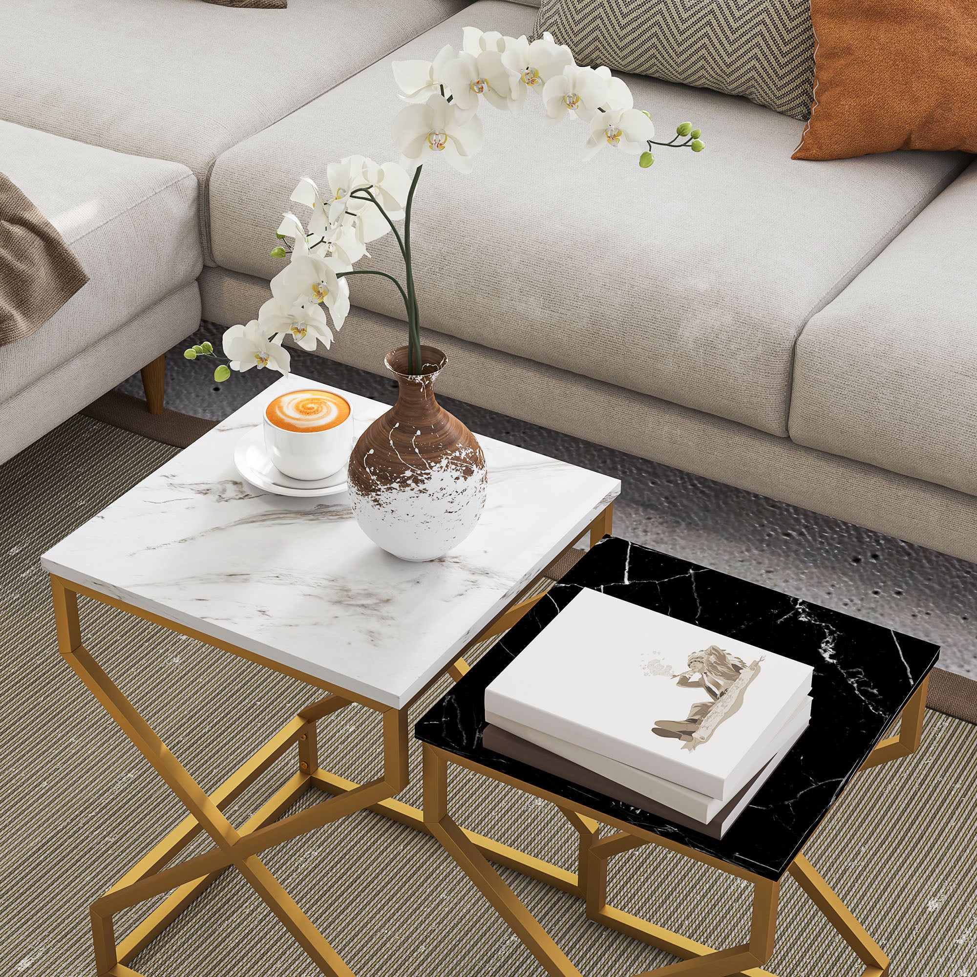 HOMCOM Set of Two Marble-Effect Nesting Tables - North Peak Garden Furniture