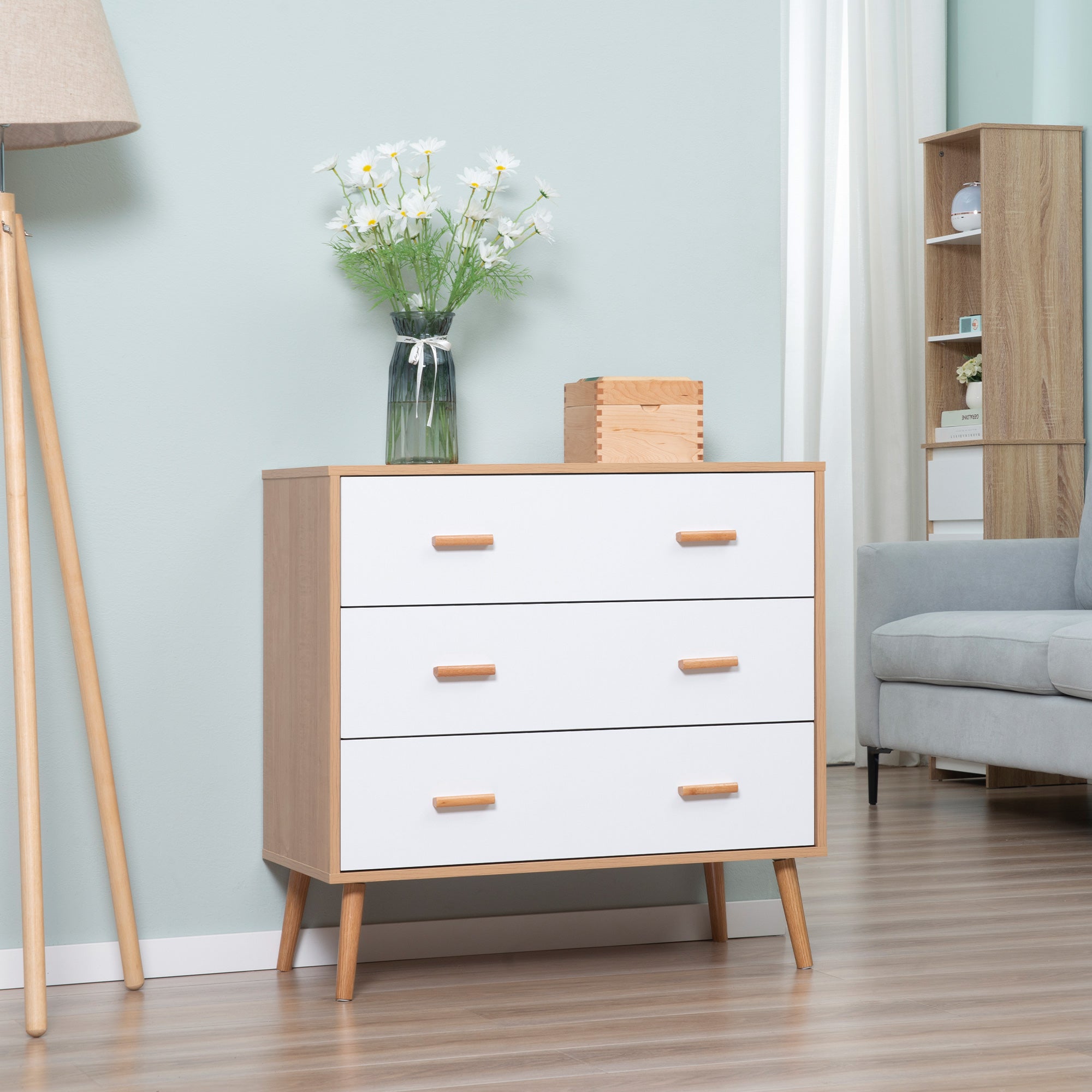 HOMCOM Chest of Drawers with 3 Drawers, Bedroom Cabinet, Storage Organizer for Living Room, White and Natural - North Peak Garden Furniture