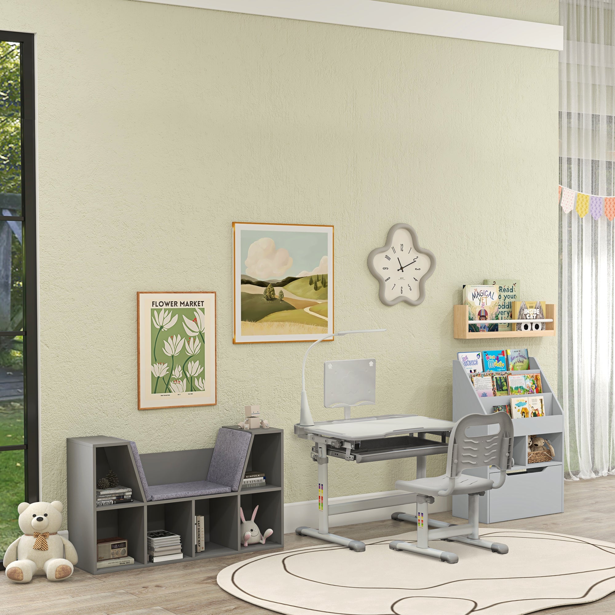 HOMCOM Kids Study Desk and Chair Set w/ Adjustable Height, Storage, Drawer, Grey - North Peak Garden Furniture