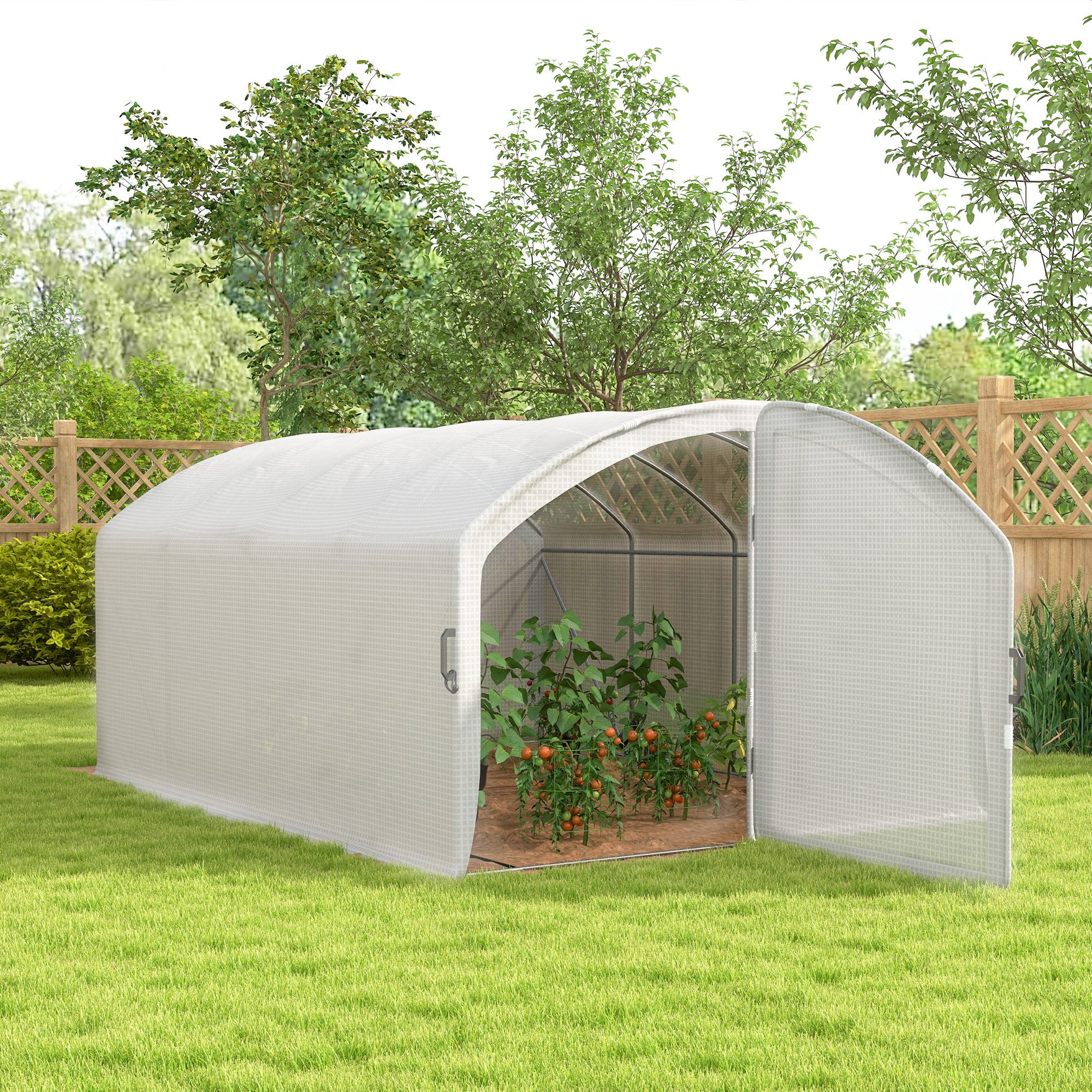 Outsunny Polytunnel Greenhouse Walk-in Grow House with UV-resistant PE Cover, Door, Galvanised Steel Frame, 4 x 3 x 2m, White - North Peak Garden Furniture