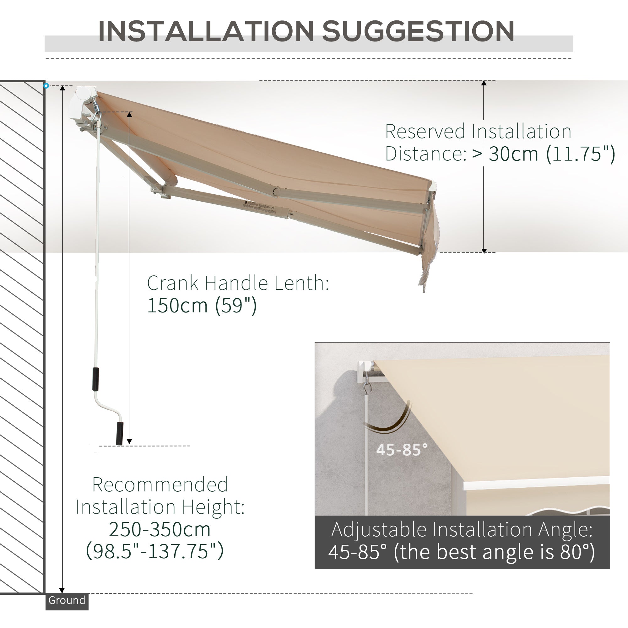 Outsunny 3.5M x 2.5M Manual Awning Canopy Retractable Sun Shade Shelter Winding Handle for Garden Patio Beige