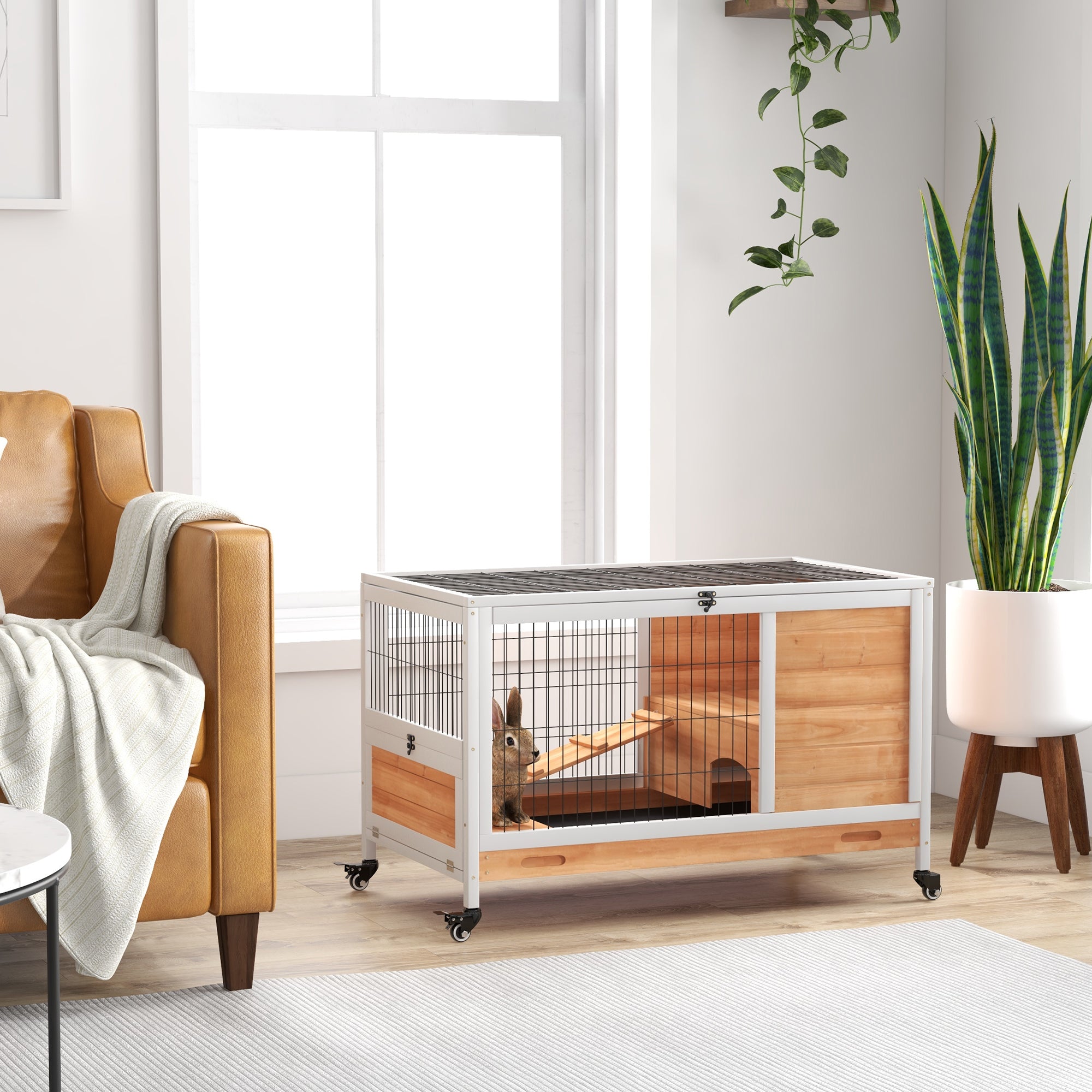 PawHut Wooden Guinea Pig Hutch, 2-Floor Bunny Cage w/ Enclosed Run Area, Yellow - North Peak Garden Furniture