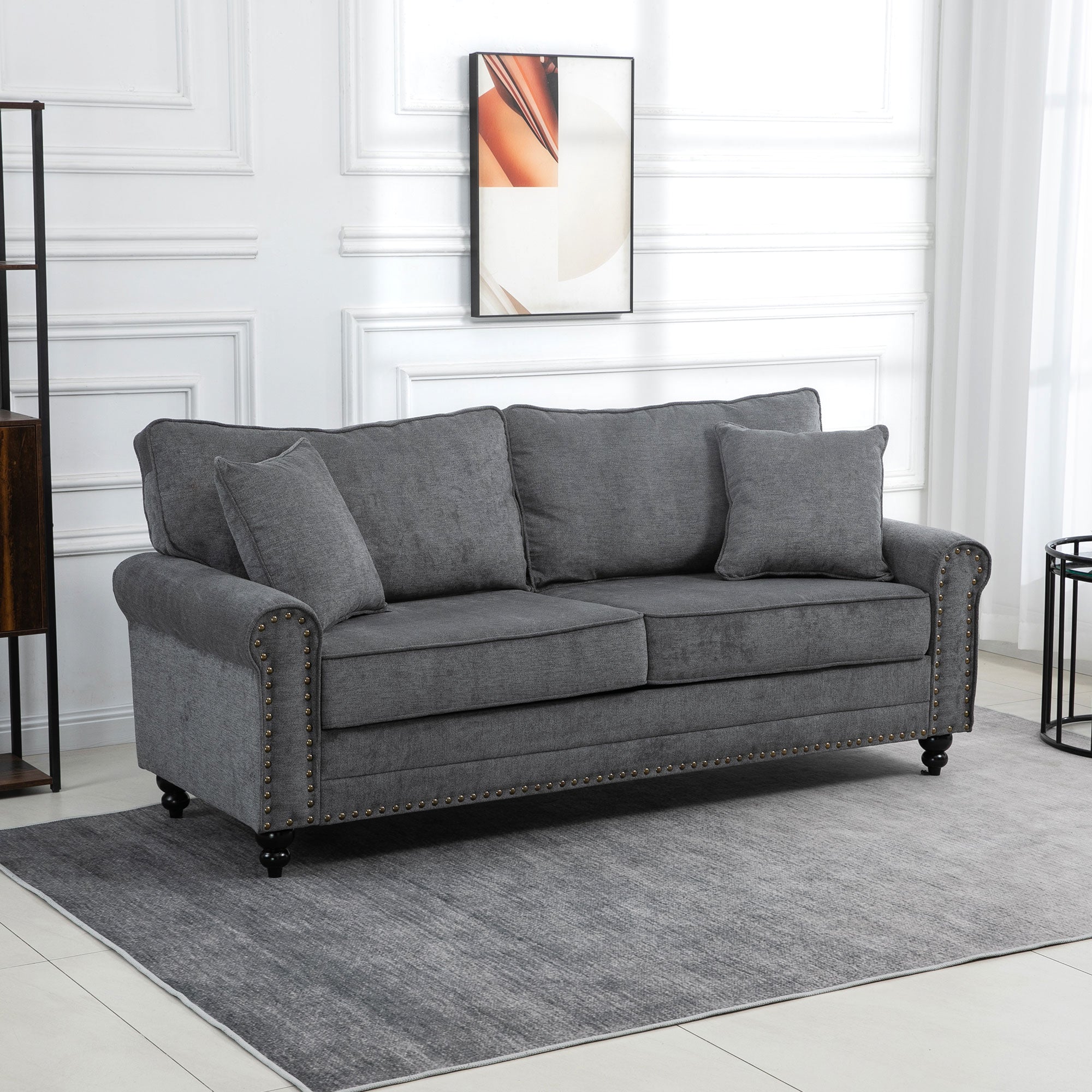 HOMCOM 3 Seater Sofas for Living Room, Fabric Sofa with Felt Mats, Cushions and Pillows, Grey - North Peak Garden Furniture