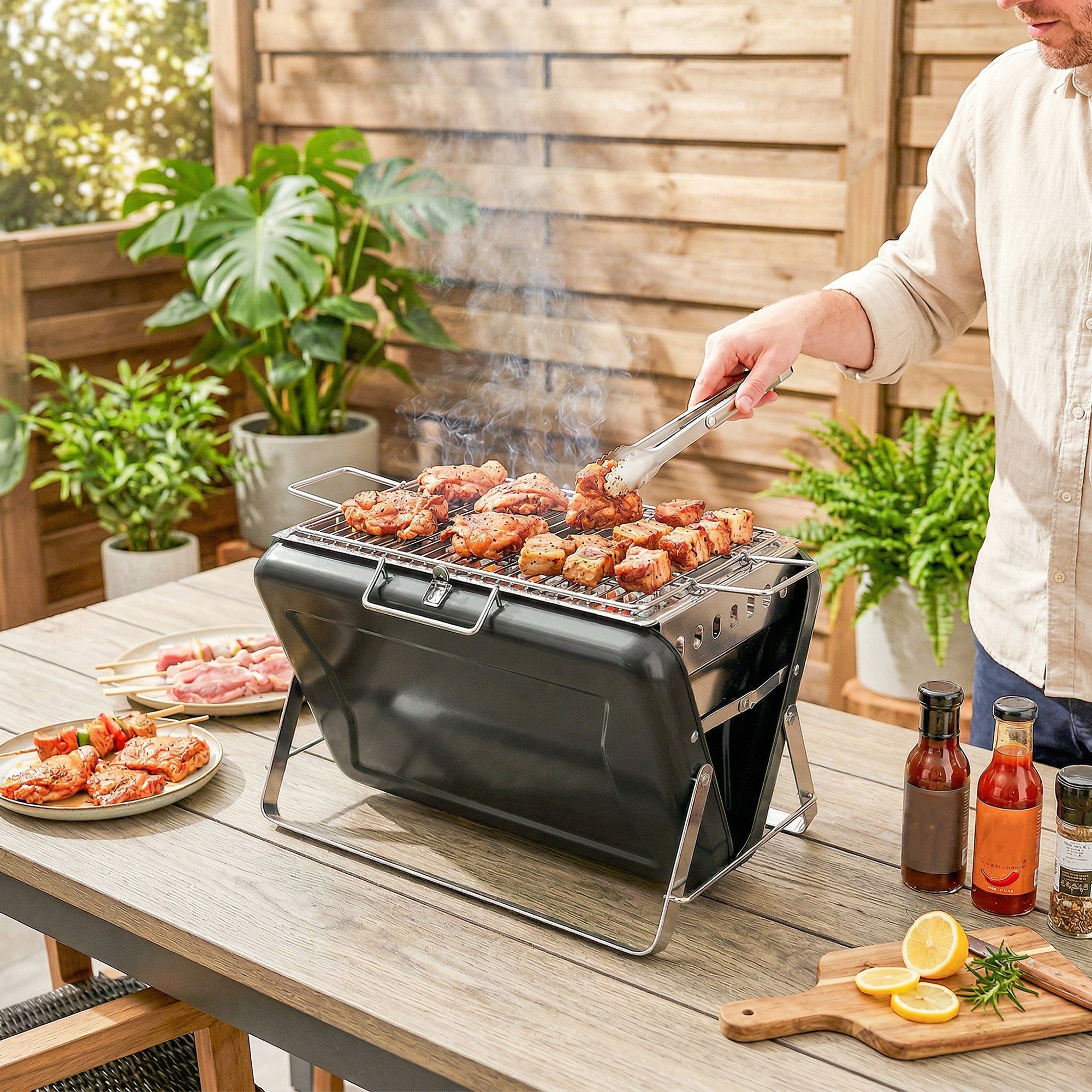 Outsunny Charcoal BBQ Grill Portable Stainless Steel Barbecue with Tilting Grate for Camping Picnic Garden Black