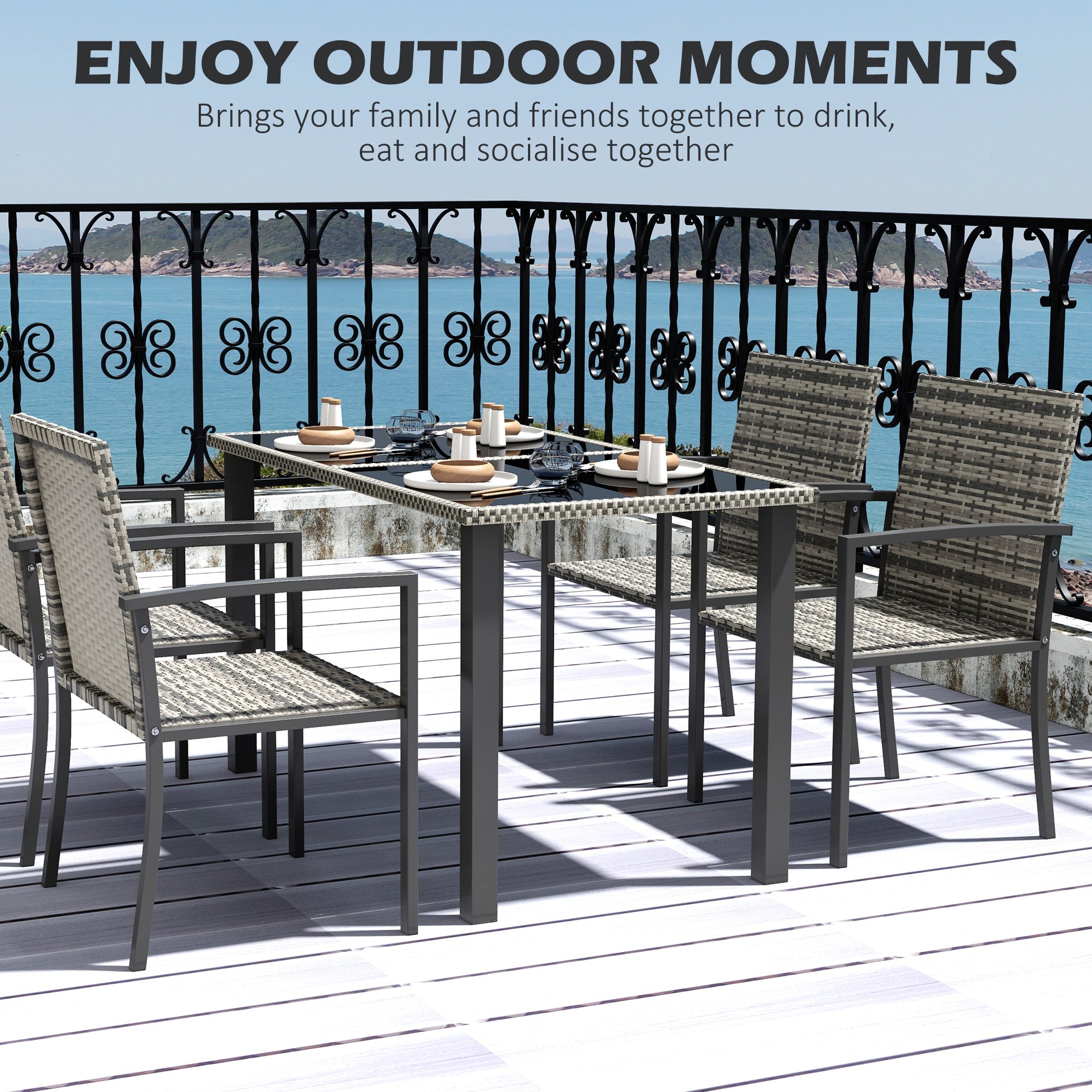Outsunny Outdoor Dining Set 5 Pieces Patio Conservatory with Tempered Glass Tabletop,4 Dining Chairs - Mixed Grey - North Peak Garden Furniture