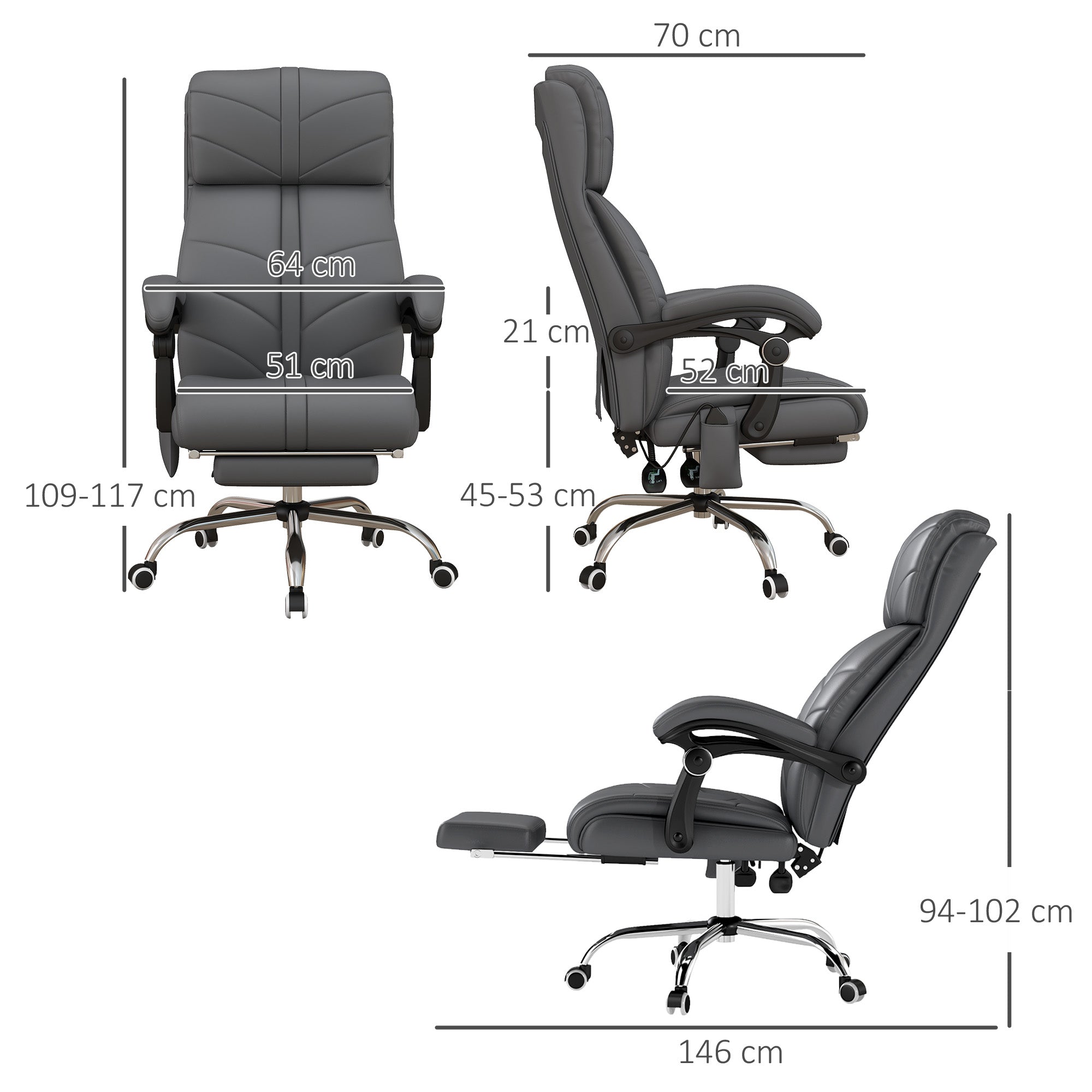 Vinsetto High Back Vibration Massage Office Chair, Heated Reclining PU Leather Computer Chair with Footrest, Grey - North Peak Garden Furniture