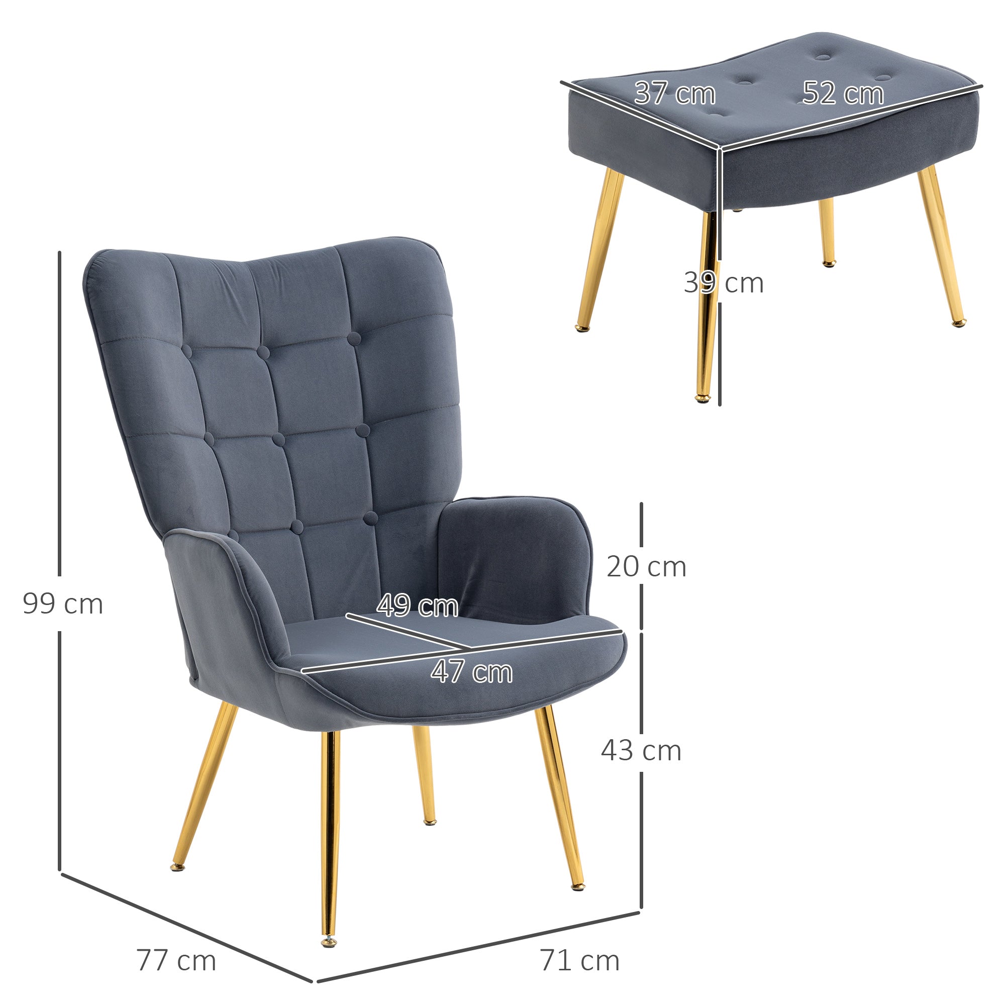 HOMCOM Modern Armchair with Footstool, Upholstered Accent Chair with Ottoman, Steel Legs, Velvet Wingback Chair for Living Room, Bedroom, Home Study, Dark Grey - North Peak Garden Furniture
