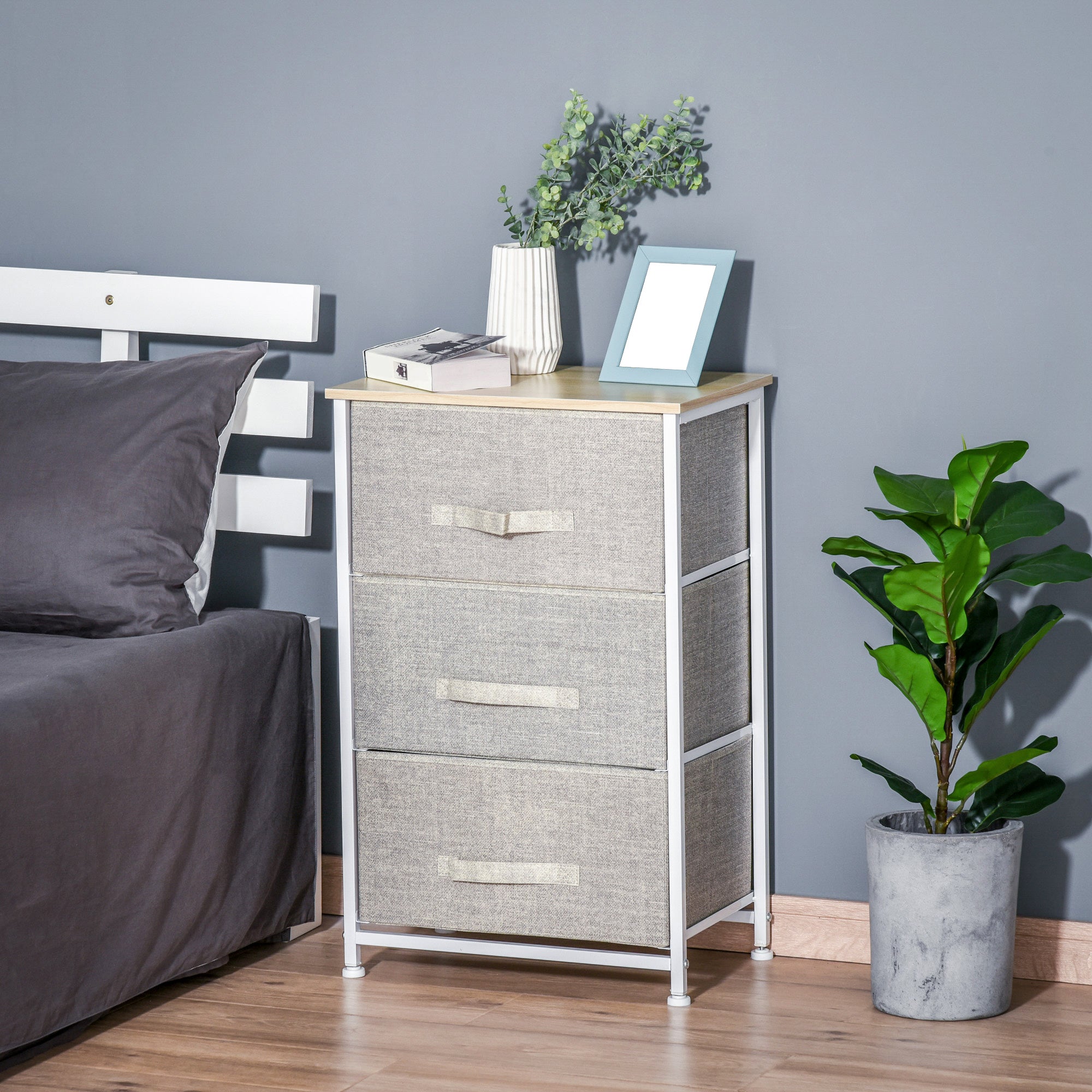 HOMCOM Vertical 3-Tier Linen Drawer Cabinet Organizer Storage Dresser Tower with Metal Frame Adjustable Feet for Living Room, Bathroom, Kitchen, White, Oak and Light Grey - North Peak Garden Furniture