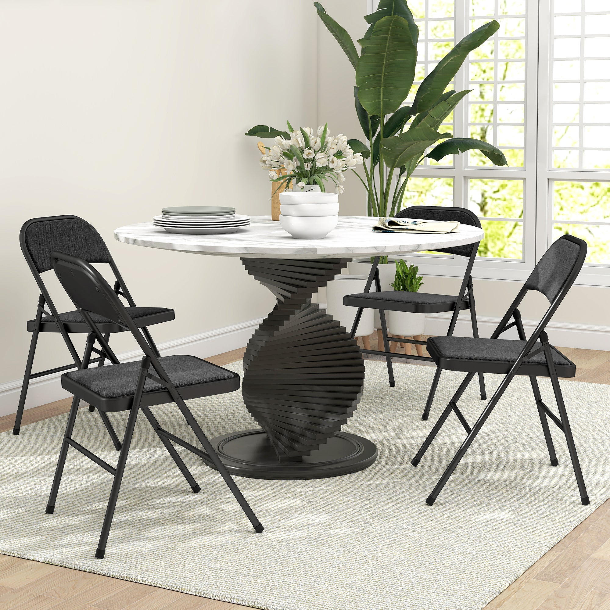 HOMCOM Linen-Look Set of Four Cushioned Folding Chairs - Black