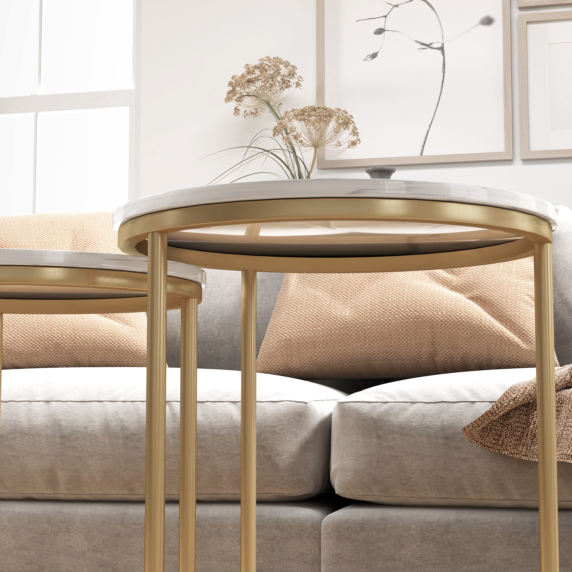 HOMCOM Set of Two Marble-Effect Nest of Tables - White/Gold-Tone - North Peak Garden Furniture