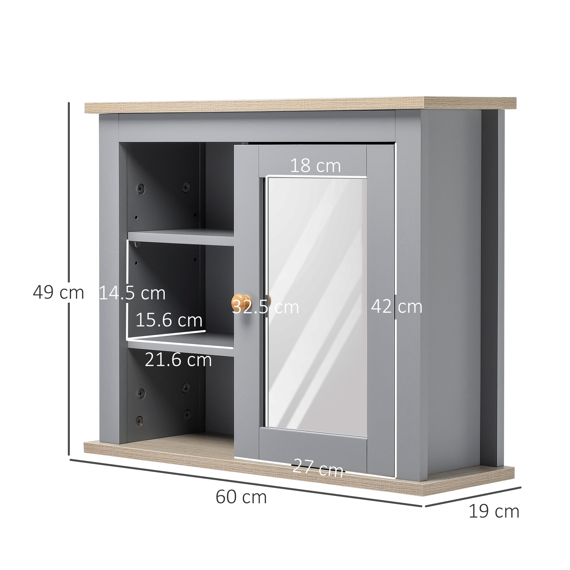 kleankin Bathroom Wall Mirror Cabinet, Cupboard with Door, Storage Cabinet with Adjustable Shelf for Corridors Living Rooms, Grey - North Peak Garden Furniture