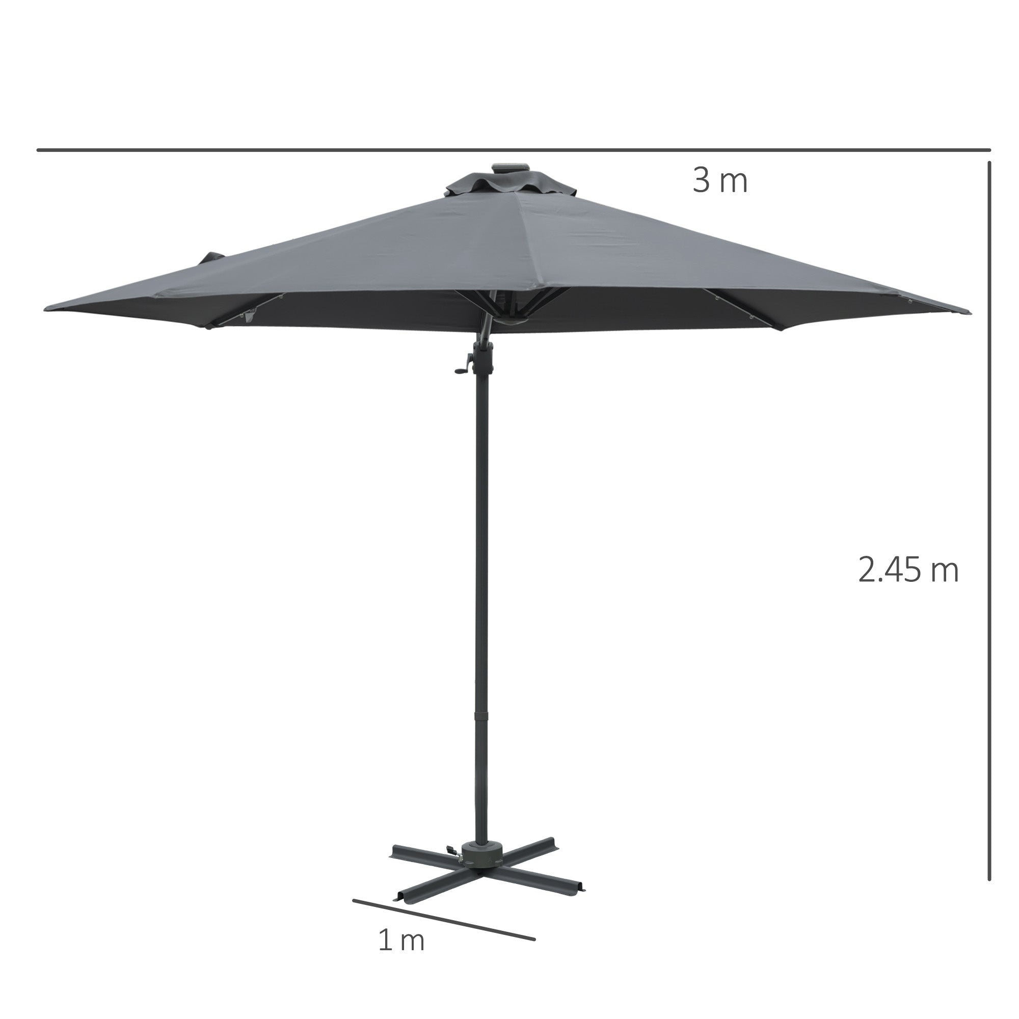 Outsunny 3(m) Cantilever Roma Parasol Patio Sun Umbrella with Crank & Tilt LED Solar Light Cross Base 360° Rotating Outdoor, Dark Grey - North Peak Garden Furniture