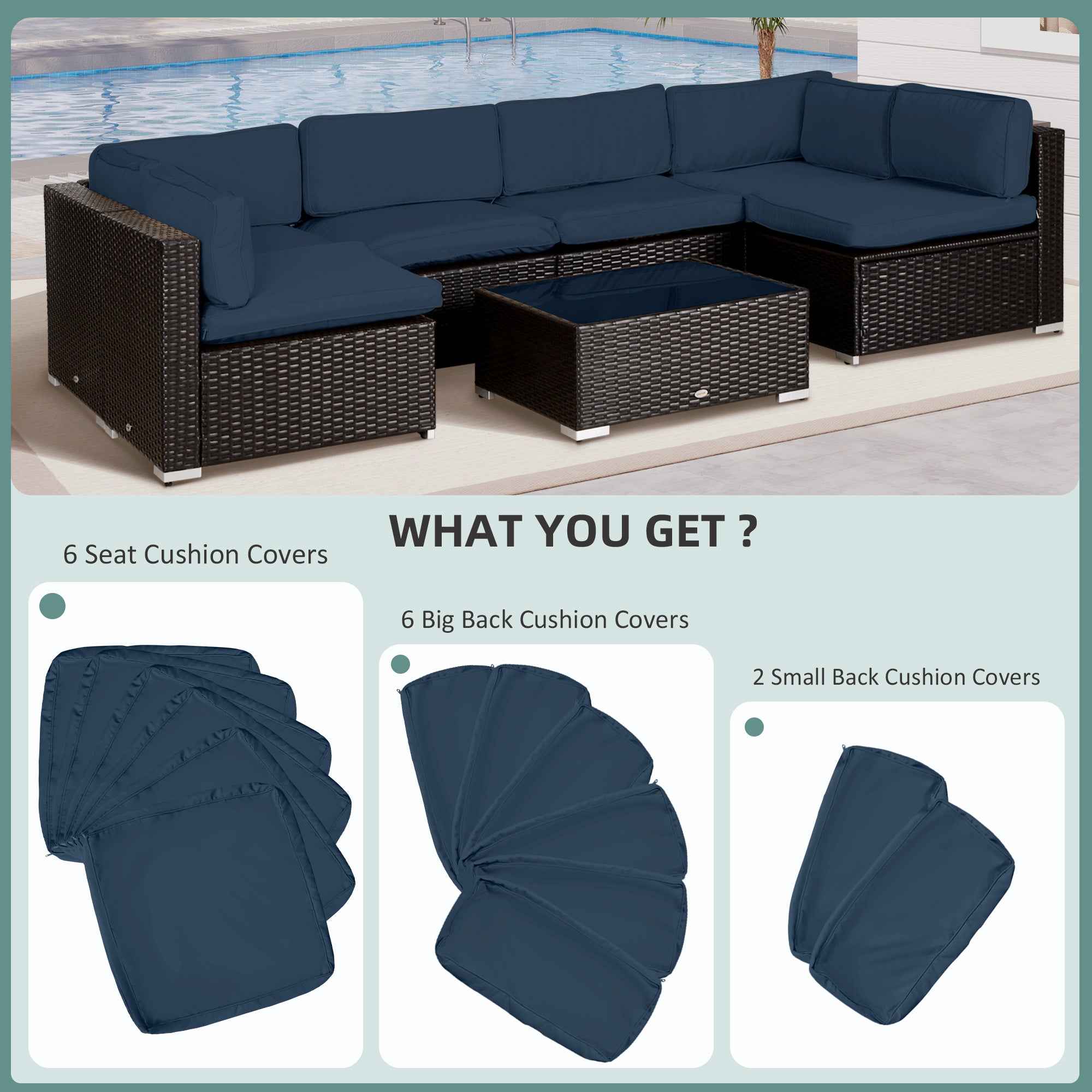 Outsunny Garden Rattan Sofa Cushion Polyester Cover Replacement Outdoor- No Cushion Included, Blue - North Peak Garden Furniture