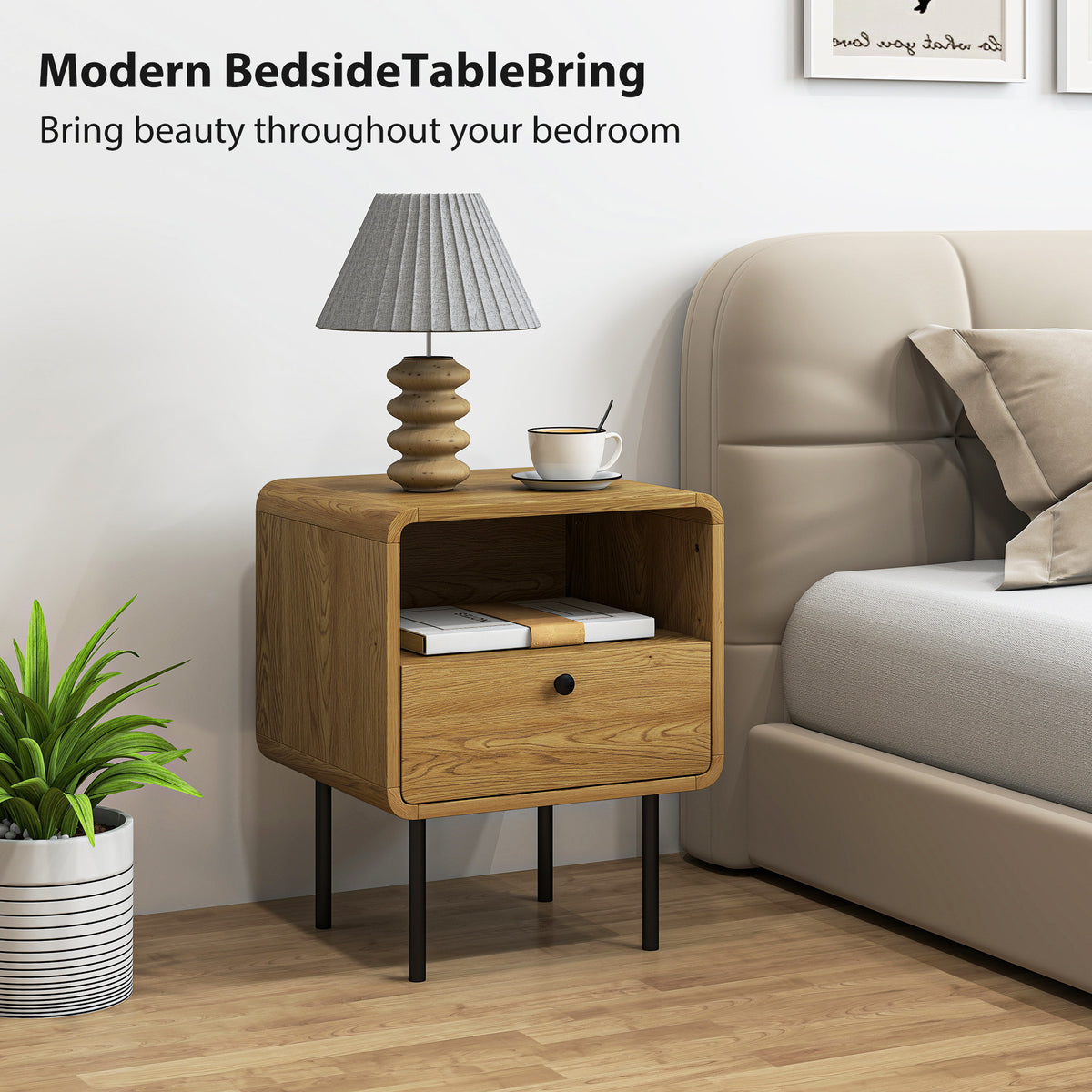 HOMCOM Bedside Table with Drawer and Open Shelf - Oak