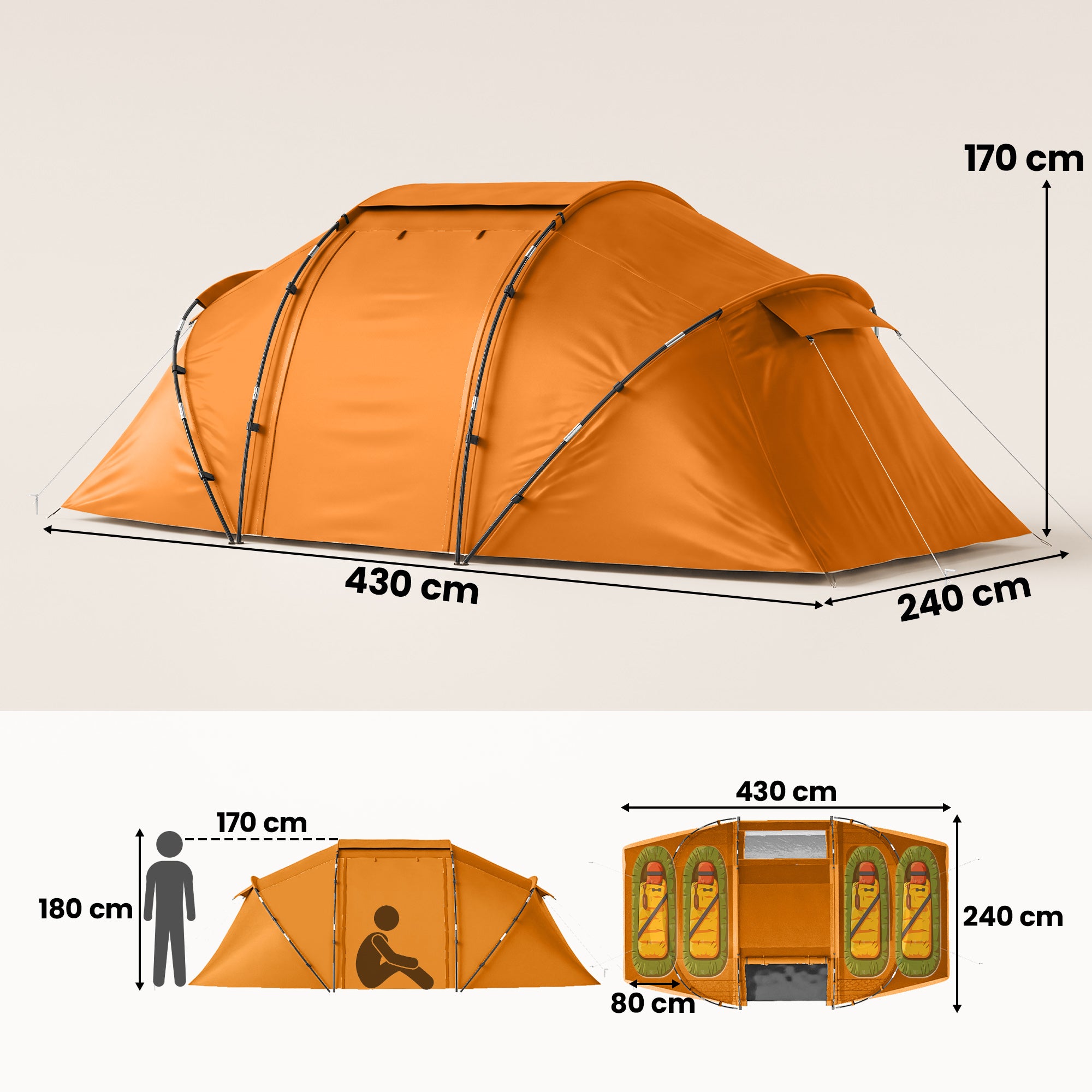Outsunny 4-6 Man Camping Tent w/ Two Bedroom, Hiking Sun Shelter, UV Protection Tunnel Tent, Orange