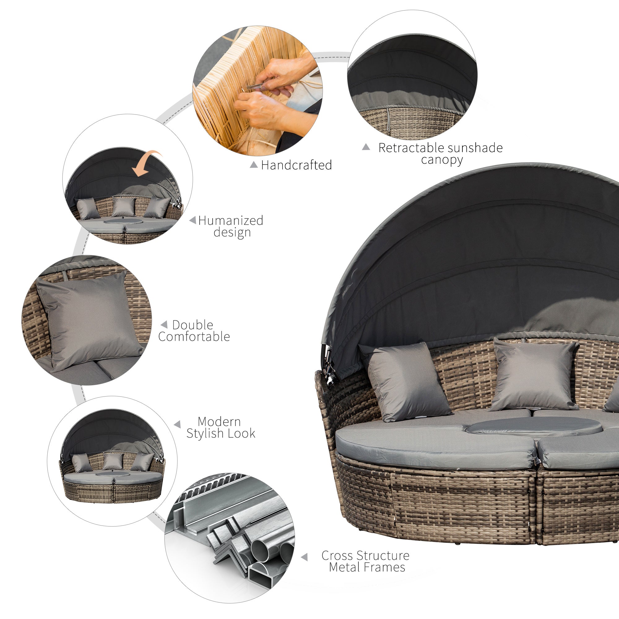 Outsunny Outdoor PE Rattan Garden Furniture with Cushioned, Patio Wicker Conversation Furniture Set, Round Daybed with Retractable Canopy, Coffee Table and Three Pillows, Dark Grey - North Peak Garden Furniture