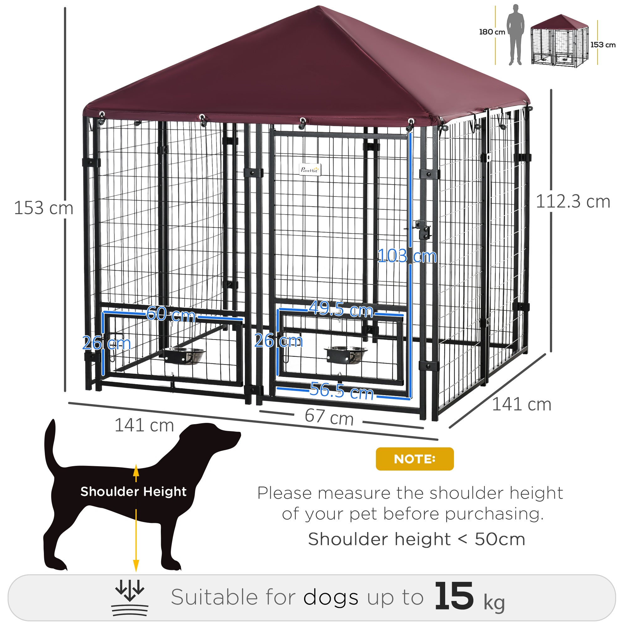 PawHut Outdoor Dog Kennel with Rotating Bowl Holders, Water and UV-Resistant Cover for Medium & Small Dogs, Red - North Peak Garden Furniture