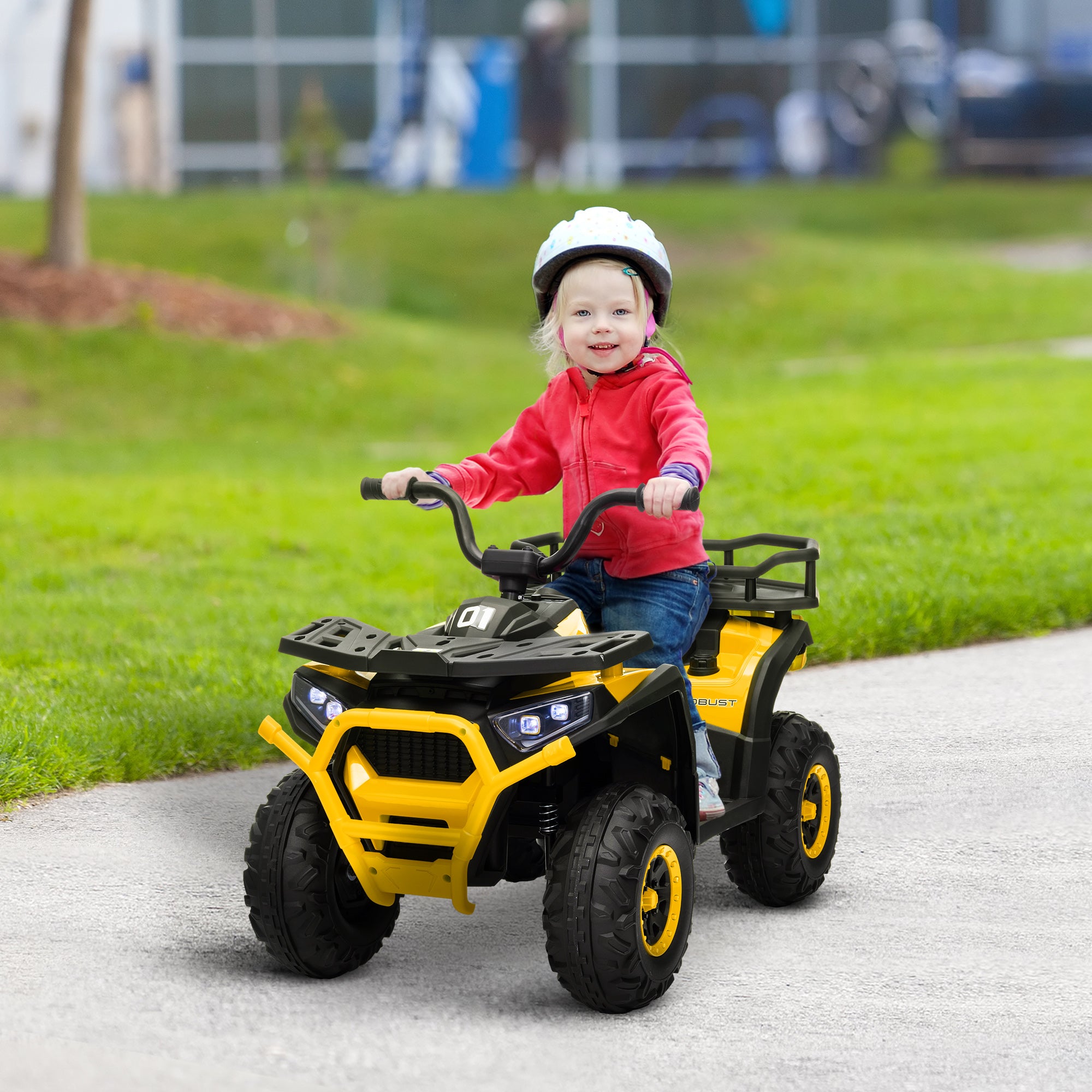 AIYAPLAY 12V Kids Electric Ride on ATV, Battery Powered Quad Bike w/ Spring Suspension, Forward Backward, Storage Basket - Yellow - North Peak Garden Furniture