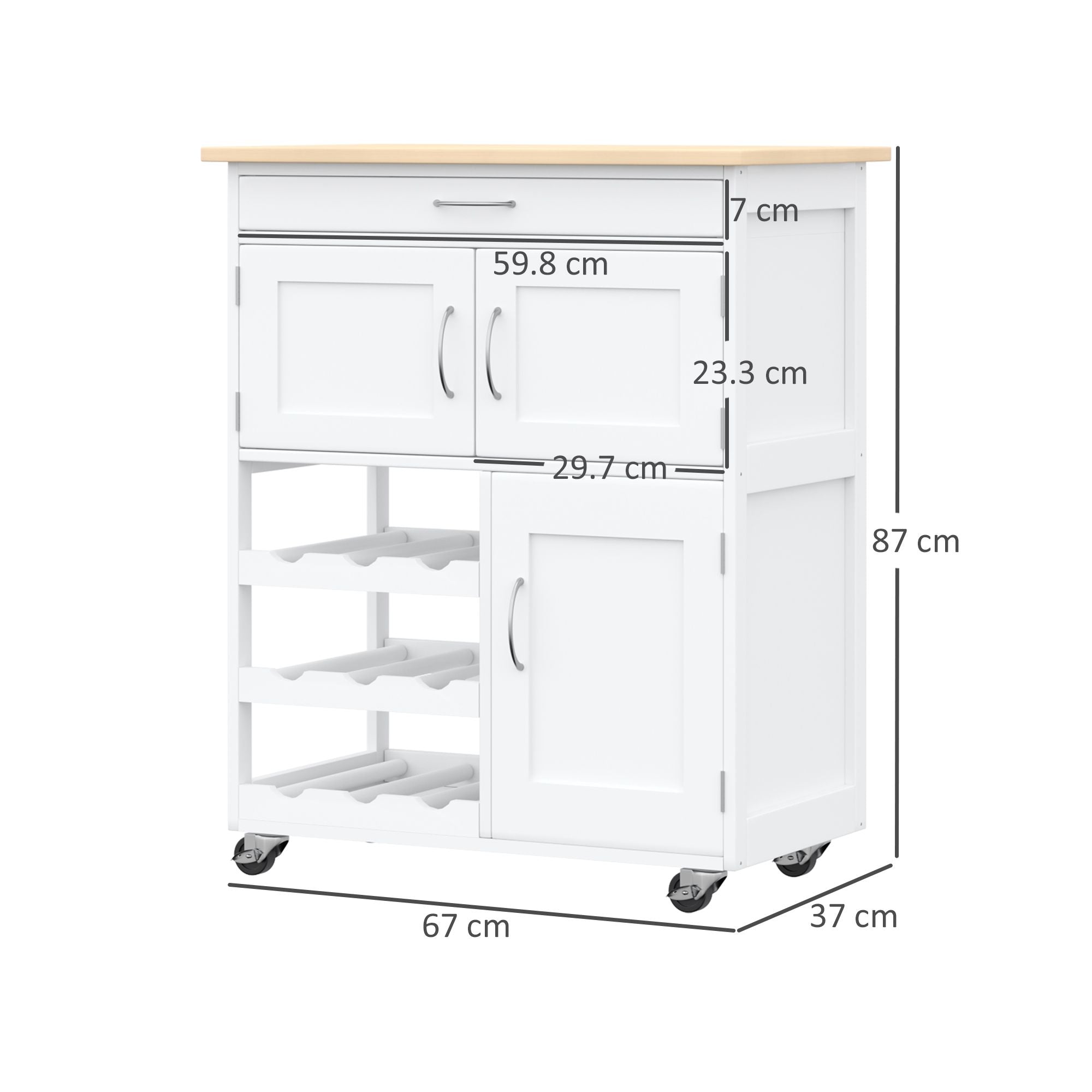 HOMCOM Modern Kitchen Trolley, Rolling Island Storage Cart with Drawer, 9-bottle Wine Rack, Door Cabinets, Wooden Countertop, White - North Peak Garden Furniture