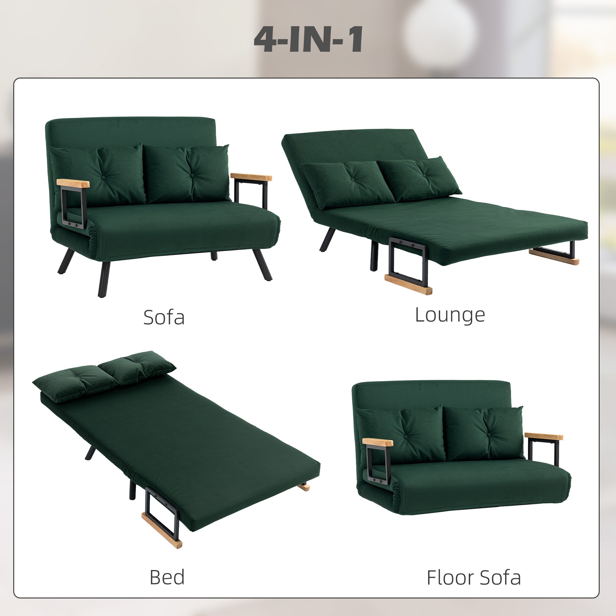 HOMCOM 4-in-1 Velvet-Feel Double Sofa Bed, with Pillows - Green - North Peak Garden Furniture