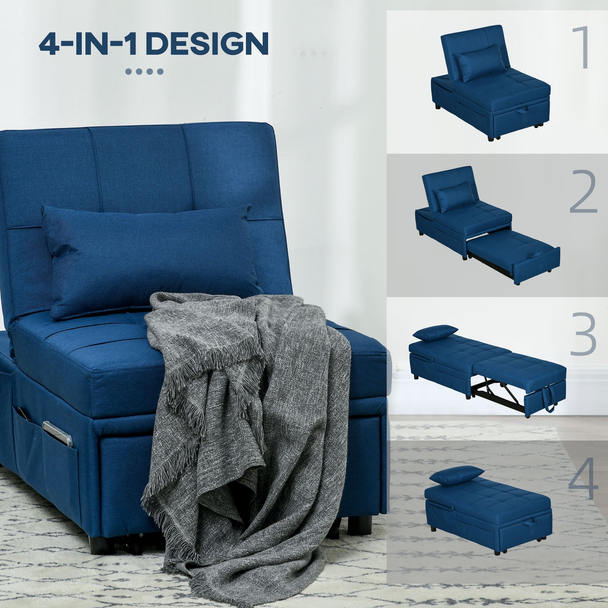 HOMCOM Convertible Chair Bed with Padding Seat, 4-in-1 Multi-Functional Sleeper Sofa Bed, Recliner with Adjustable Backrest, Side Pocket, Wheels and Pillow, for Living Room, Blue - North Peak Garden Furniture