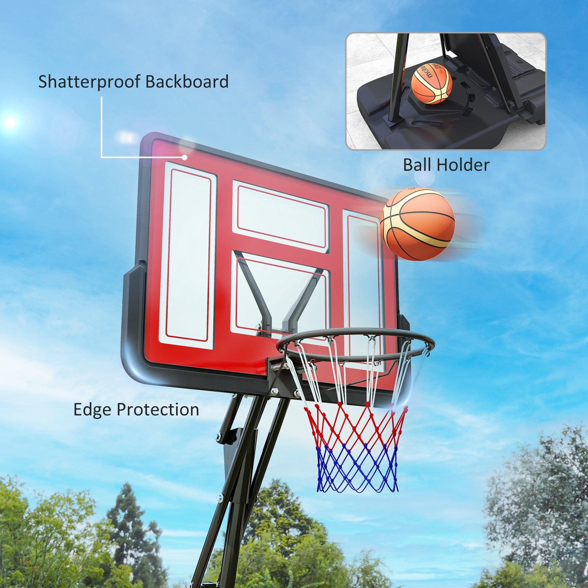 SPORTNOW Basketball Hoop Outdoor, Height Adjustable Basketball Hoop and Stand with Rebound System, Weighted Base, Portable on Wheels, 2.45-3.05m, for Teens, Juniors, Adults, Red