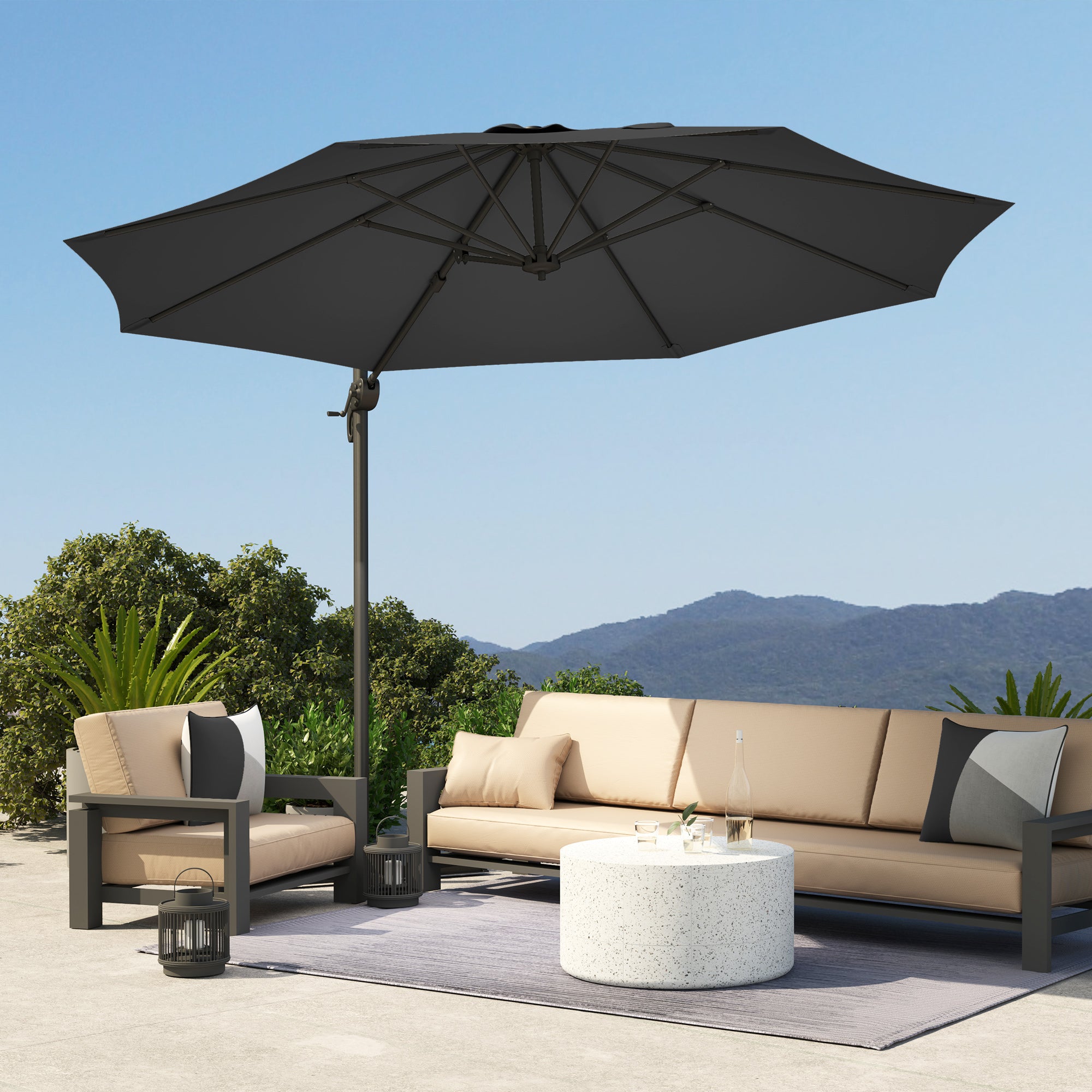 Outsunny 3 x 3(m) Cantilever Parasol with Cross Base, Garden Umbrella with 360° Rotation, Crank Handle and Tilt for Outdoor, Black - North Peak Garden Furniture