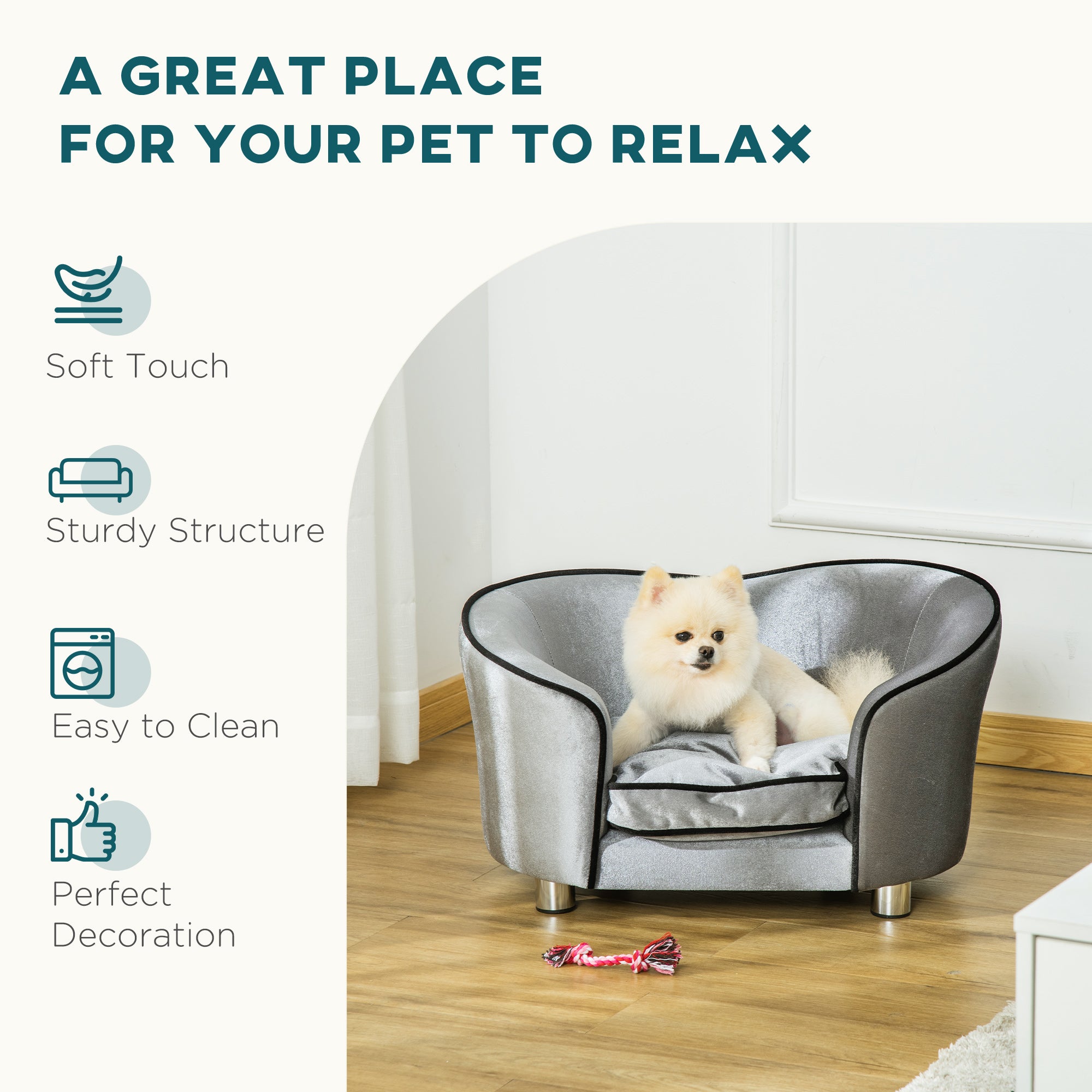 PawHut Dog Sofa Pet Chair, Kitten Bed Couch w/ Wooden Frame, Removable Cushion - Silver-Tone and Grey - North Peak Garden Furniture