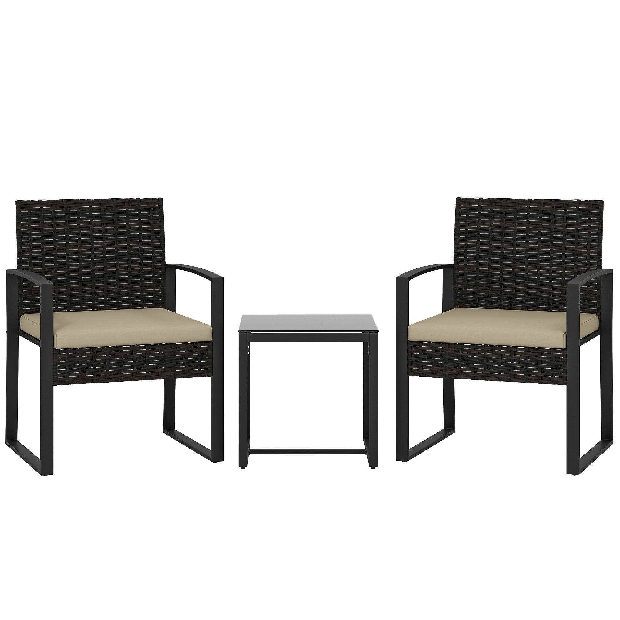 Outsunny Rattan Bistro Set, 3 Piece Garden Furniture Set with Glass Top Table and Cushions, Khaki