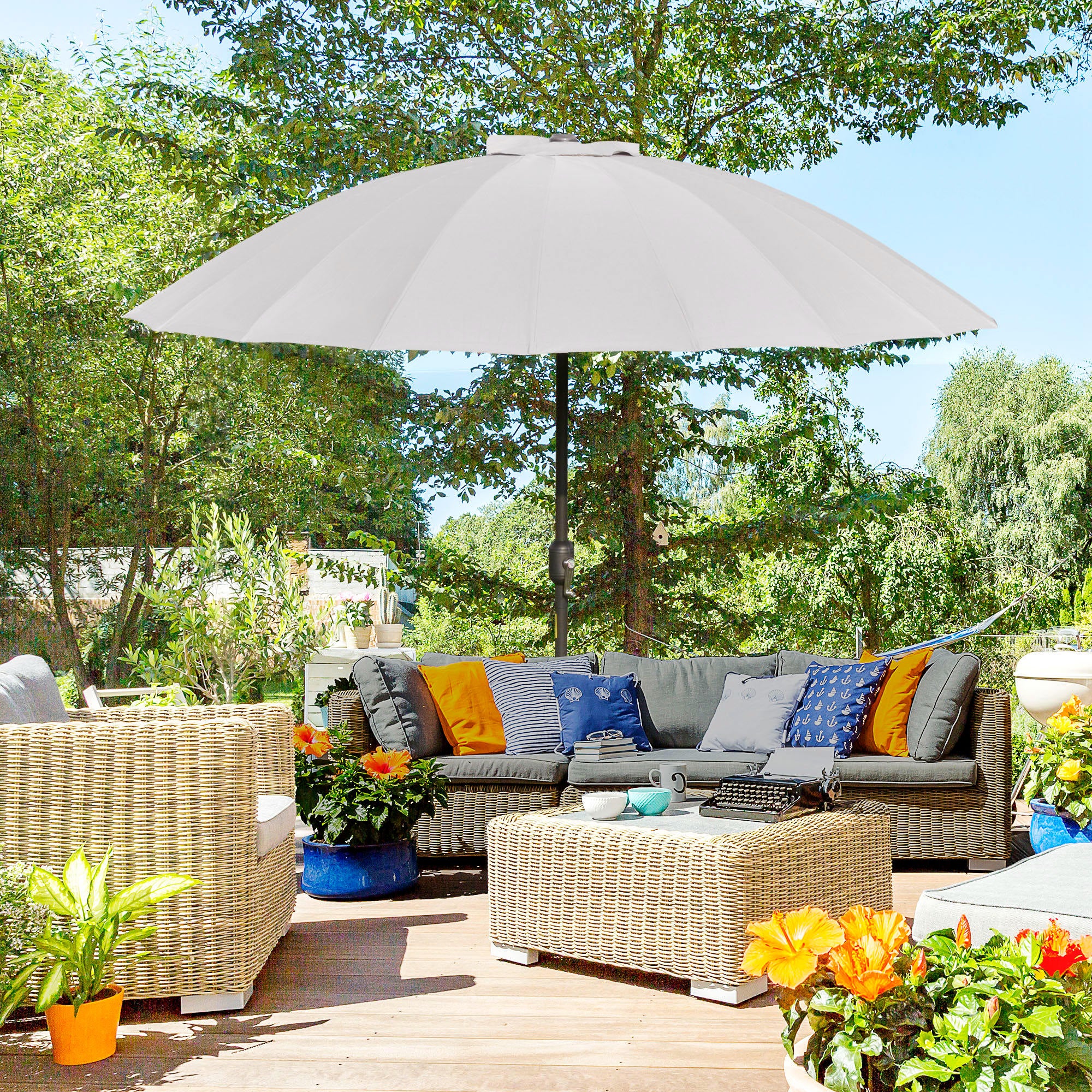 Outsunny 2.5m Tilting Parasol, with Pleated Canopy - Light Grey - North Peak Garden Furniture