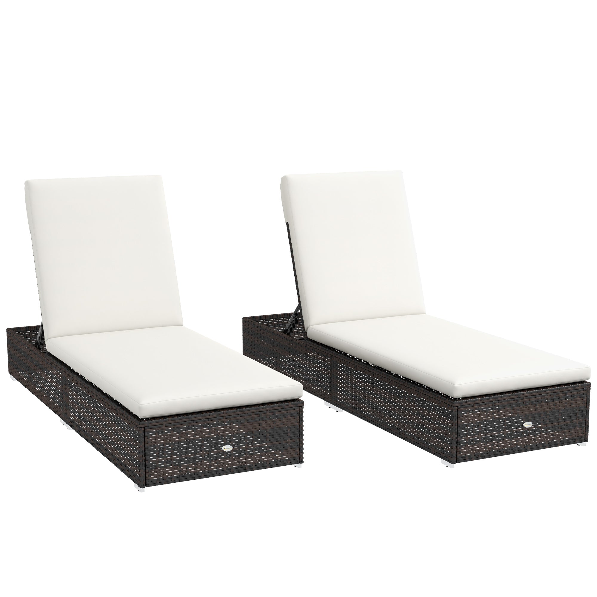 Outsunny Set of Two Rattan Sun Loungers, with Reclining Backs - Brown/Cream - North Peak Garden Furniture