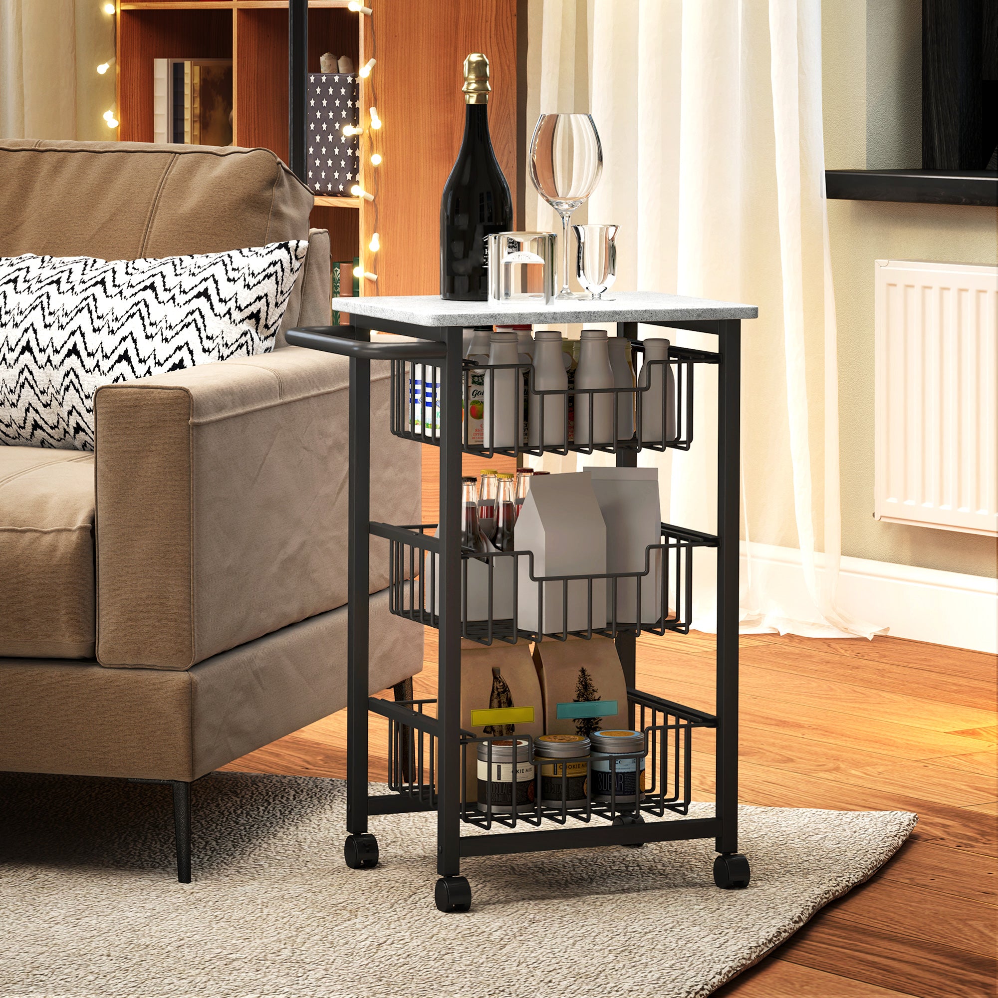 HOMCOM Three Basket Mobile Kitchen Island, with Brakes - Grey/Black - North Peak Garden Furniture