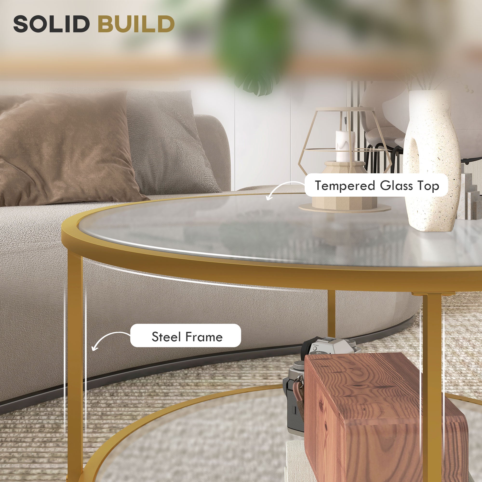 HOMCOM Round Coffee Table with Storage, 2-Tier Tempered Glass Coffee Table with Steel Frame for Living Room, Gold Tone - North Peak Garden Furniture