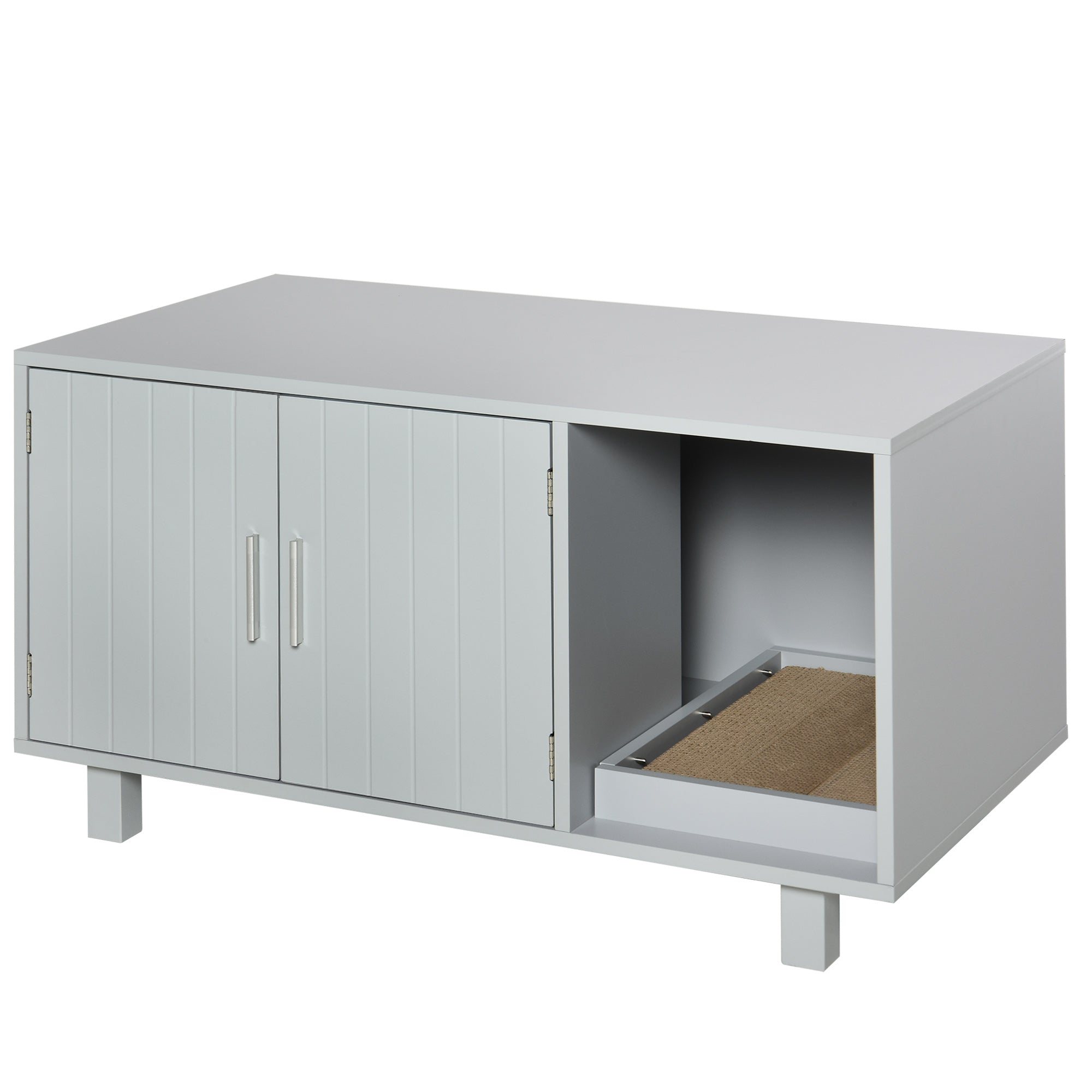PawHut Wooden Cat Litter Box Enclosure & House with Nightstand/End Table Design, Scratcher, & Magnetic Doors, Grey - North Peak Garden Furniture