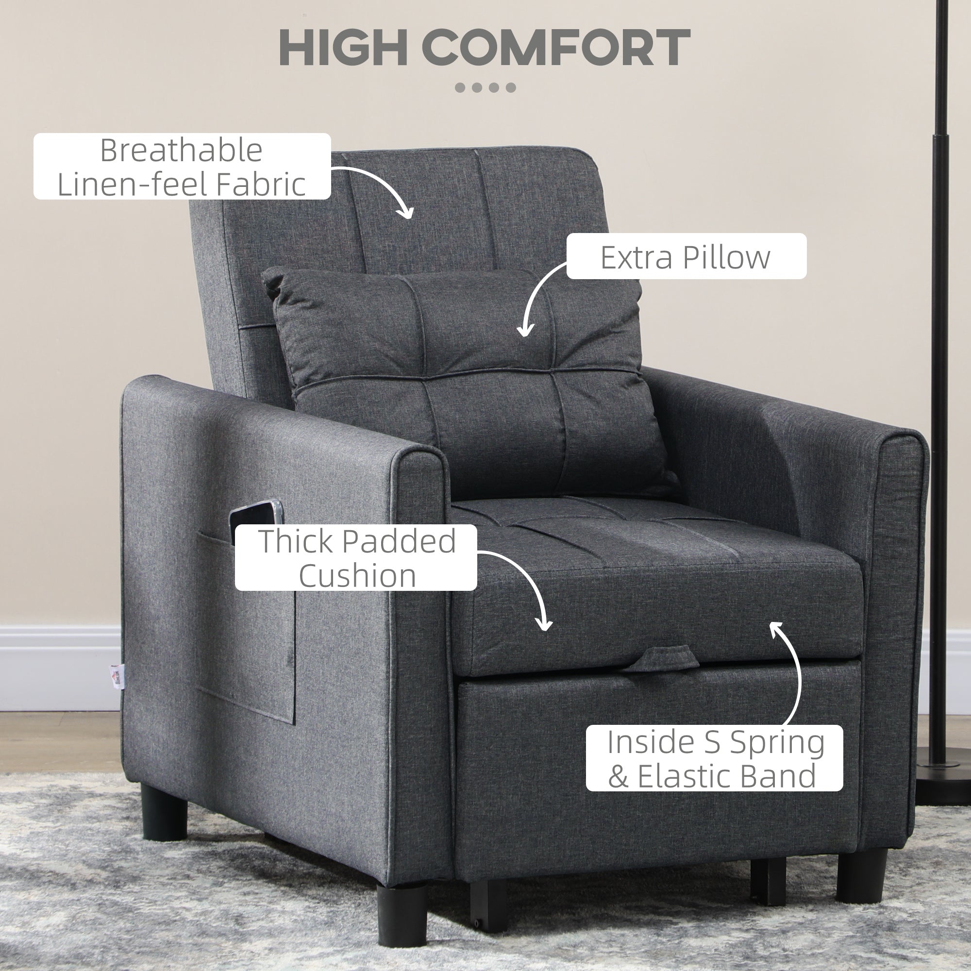 HOMCOM 3-In-1 Convertible Chair Bed, Pull Out Sleeper Chair with Adjustable Backrest, Side Pockets, Grey - North Peak Garden Furniture