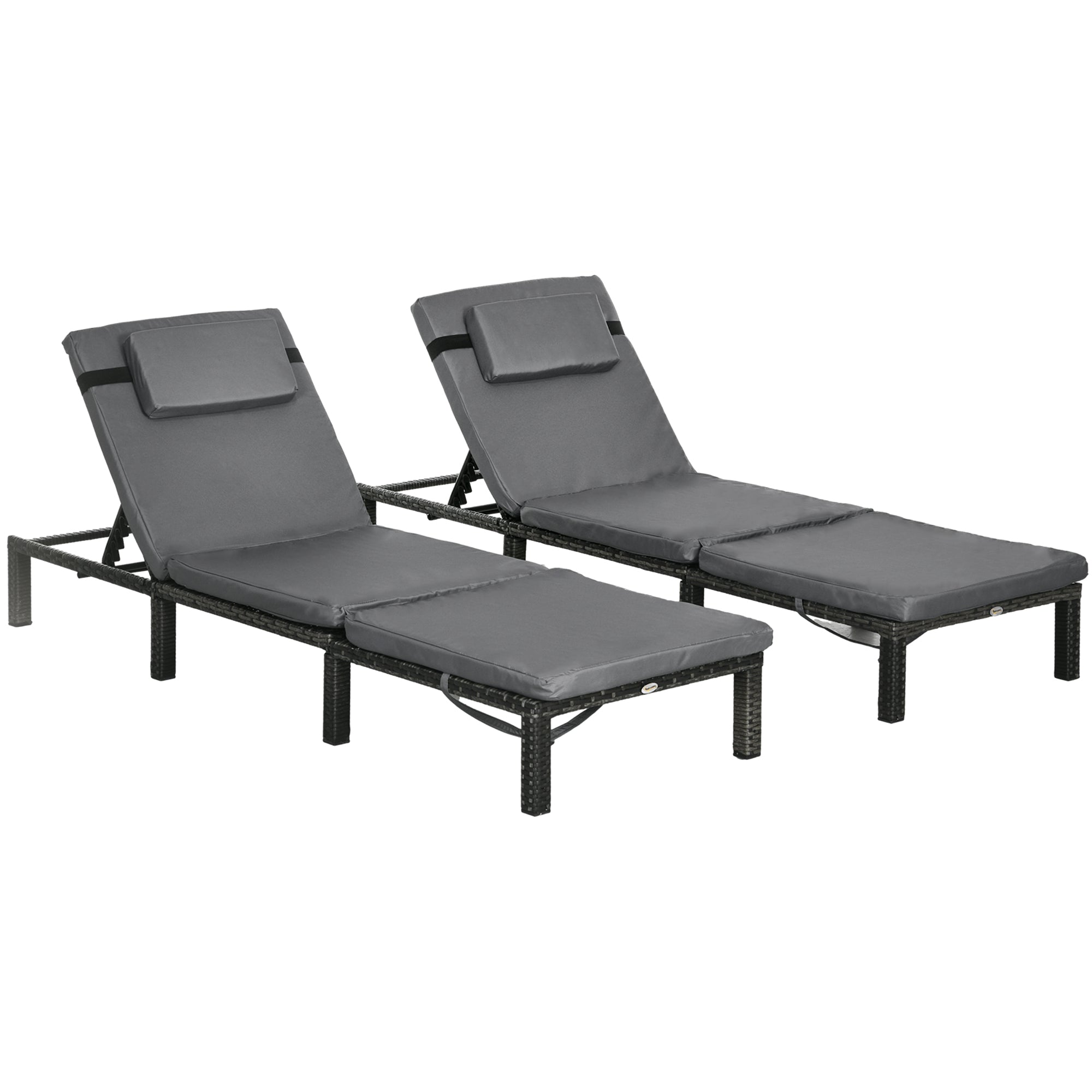 Outsunny Set of Two Reclining Rattan Sun Loungers, with Cushions - Grey - North Peak Garden Furniture