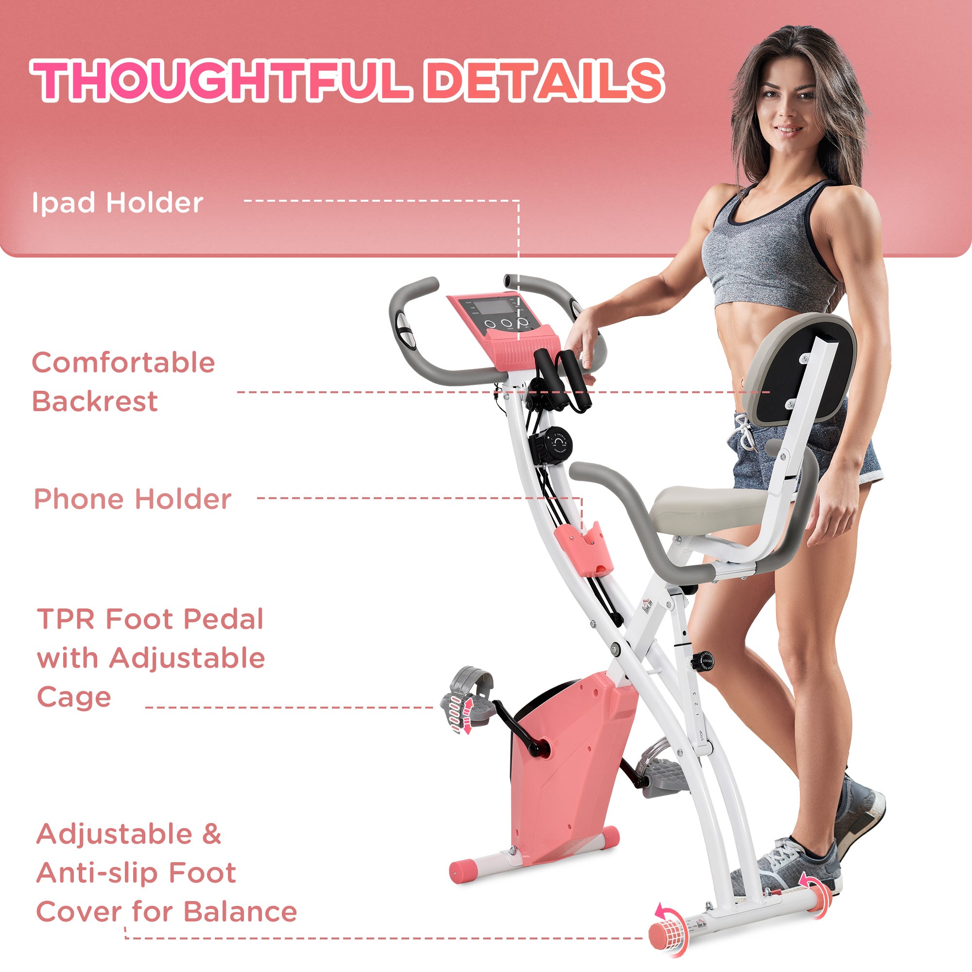 HOMCOM 2-in-1 Folding Exercise Bike with 8-Level Magnetic Resistance, Arm Resistance Band, Pulse Sensor, Pink - North Peak Garden Furniture