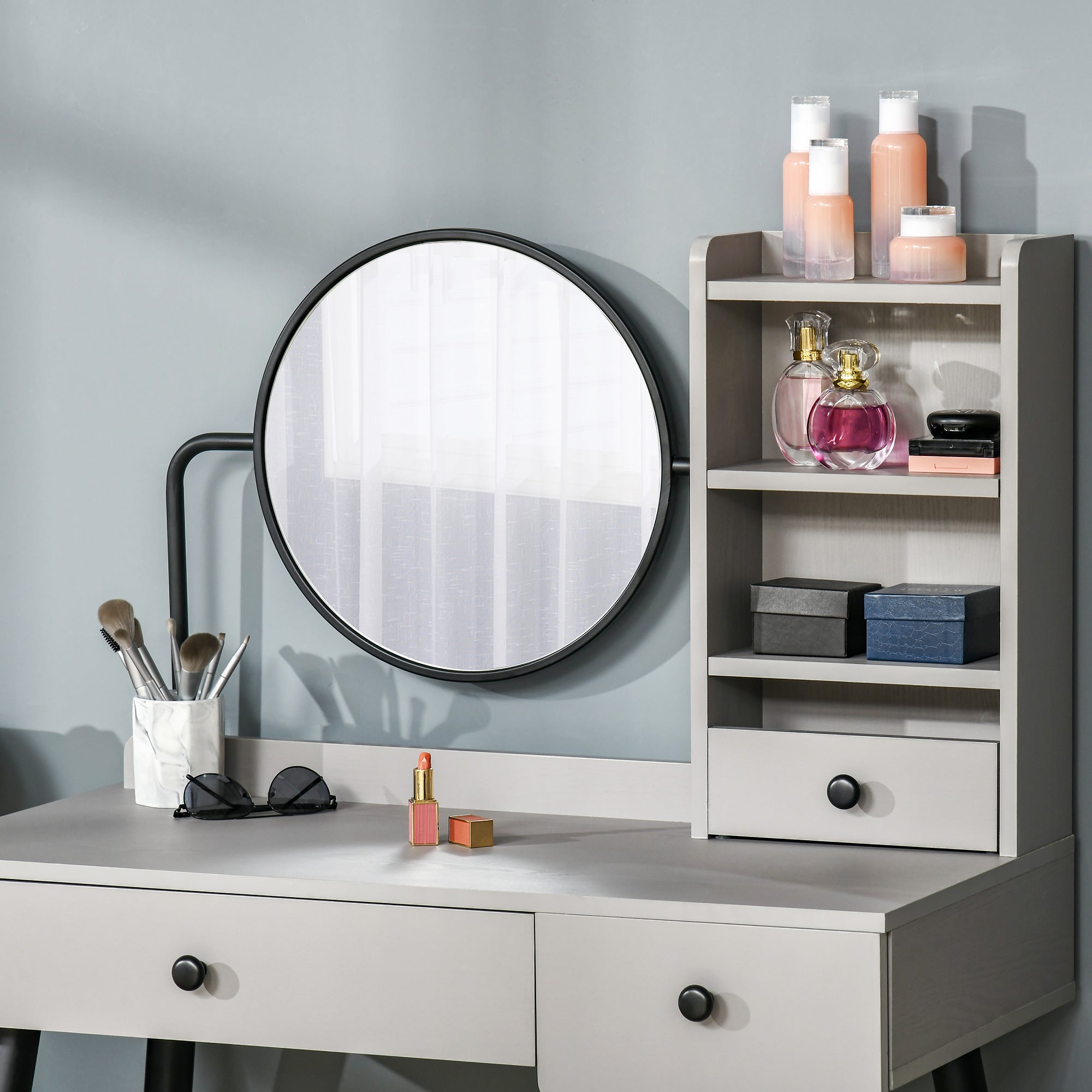 HOMCOM Dressing Table Set with Mirror and Stool, Vanity Makeup Table with 3 Drawers and Open Shelves for Bedroom, Living Room, Grey