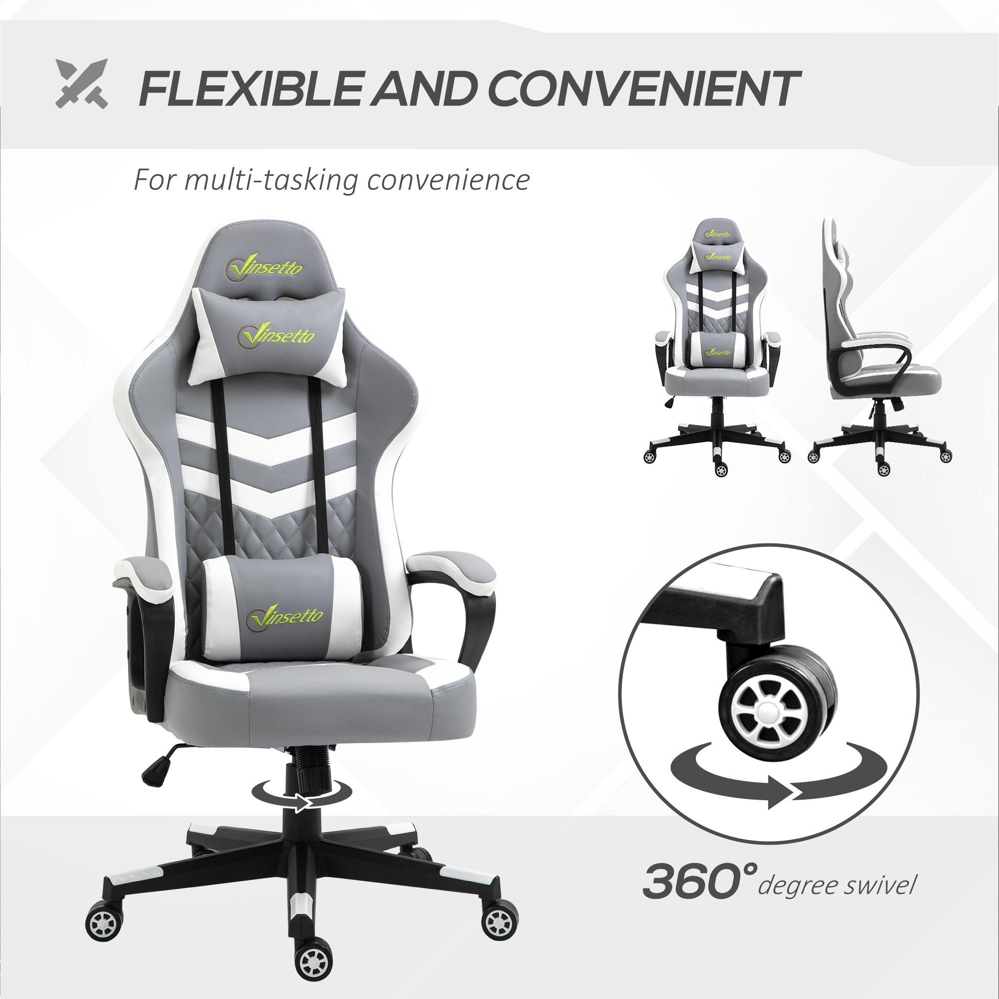 Vinsetto Gaming Chair, Computer Desk Chair with Lumbar Support, Faux Leather Racing Chair with Headrest and Swivel Wheels for Home Office, Grey White - North Peak Garden Furniture