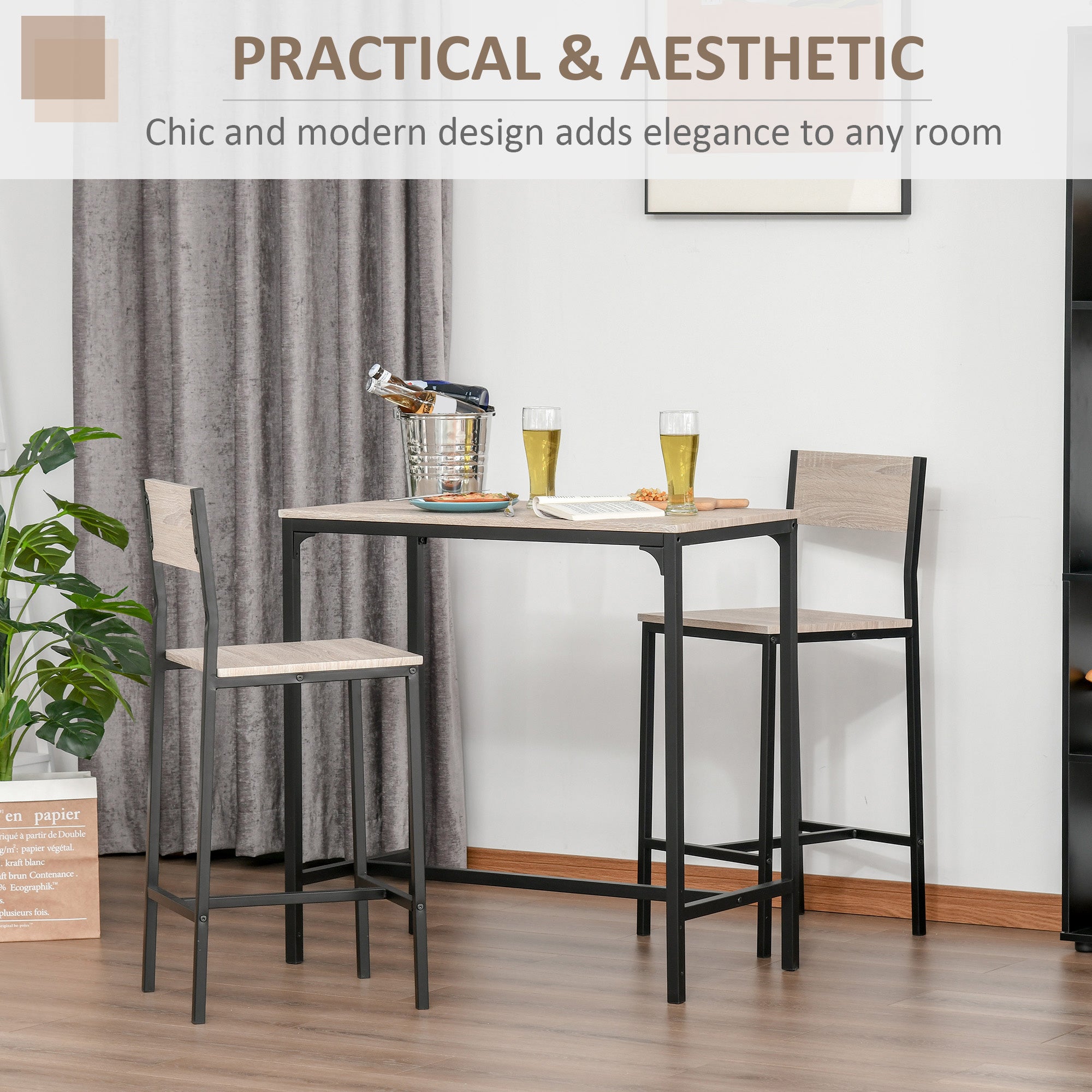 HOMCOM 3 Pcs Table Stool Set Industrial Design w/ Metal Frame Oak Tone MDF Panels Minimal Compact Beautiful - North Peak Garden Furniture