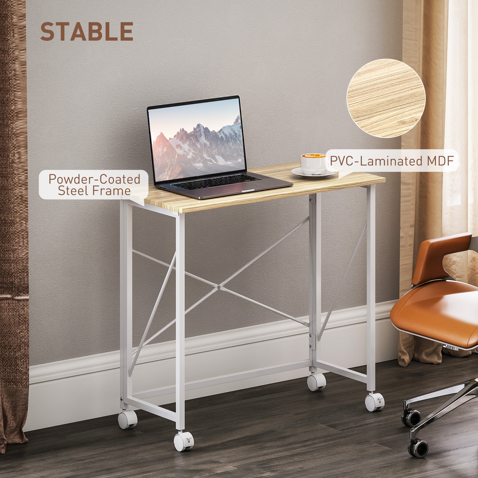 HOMCOM 80 cm Folding Desk on Wheels - Natural Tone - North Peak Garden Furniture